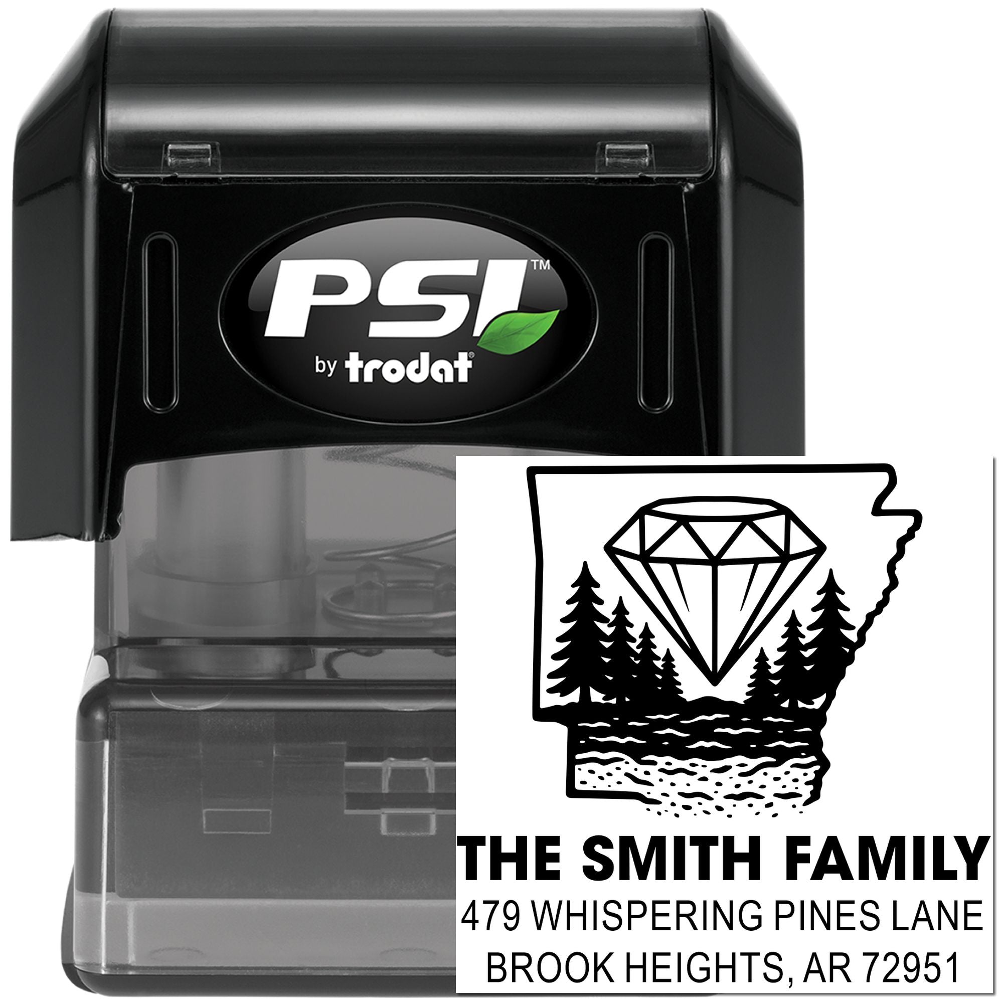 Custom self-inking rubber address stamp with Arkansas outline, diamond and pine design for family mailing labels.