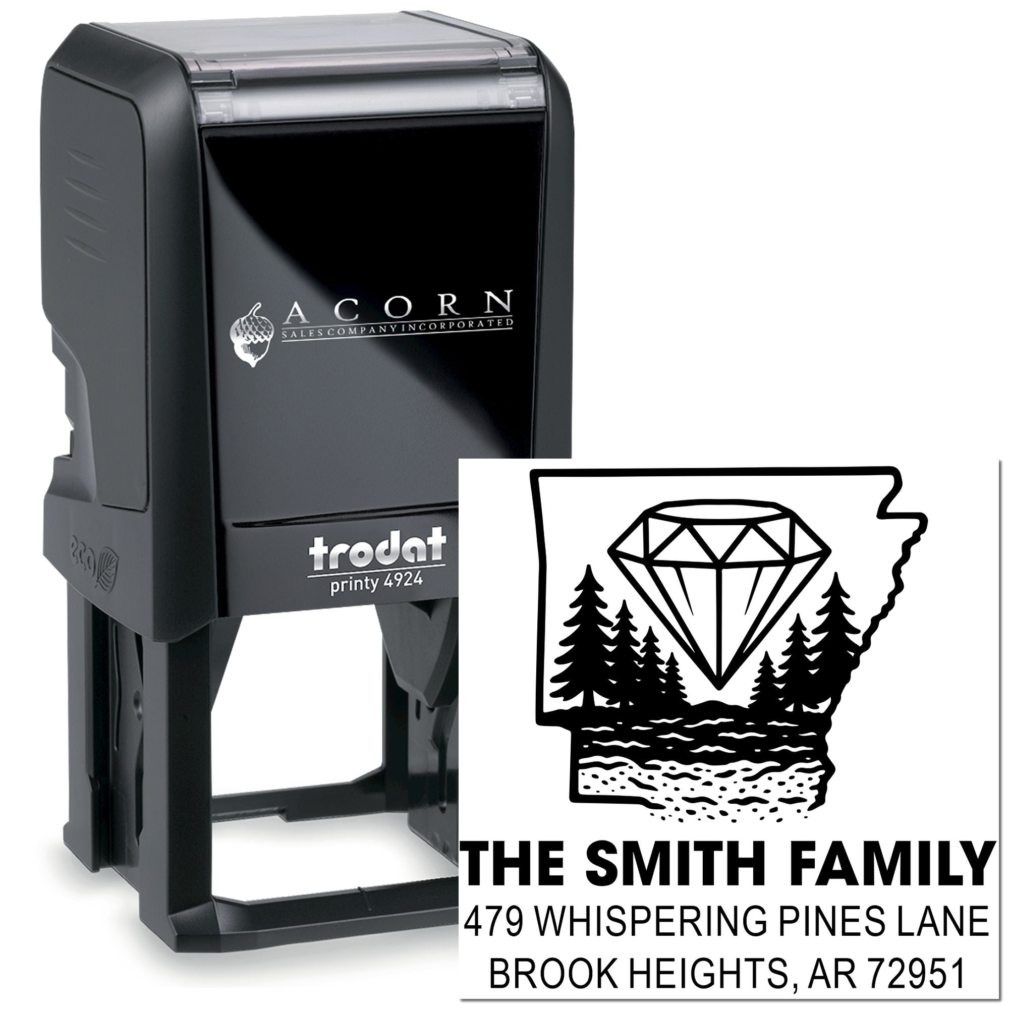 Custom self-inking return address rubber stamp with Arkansas family logo design for The Smith Family, Trodat Printy 4924
