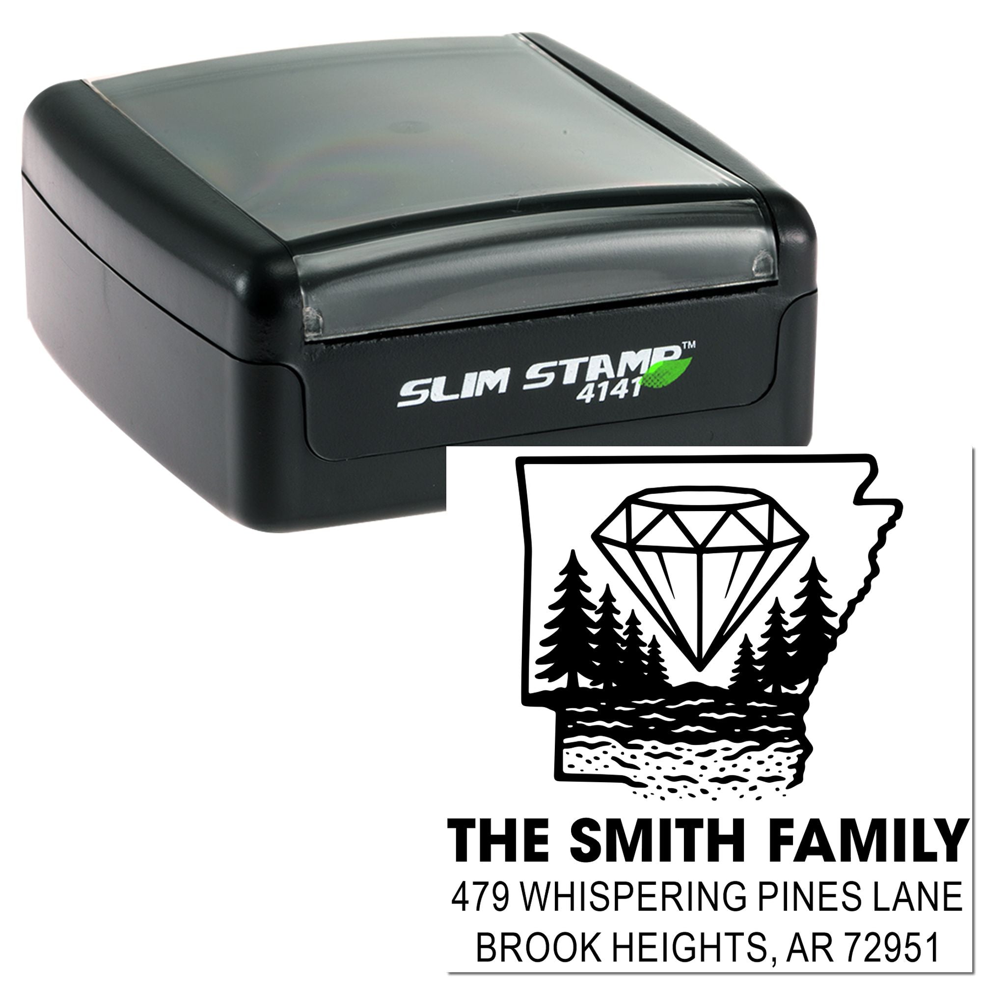 Custom rubber address stamp with Arkansas state design, family name, and return address for personalized mailing.