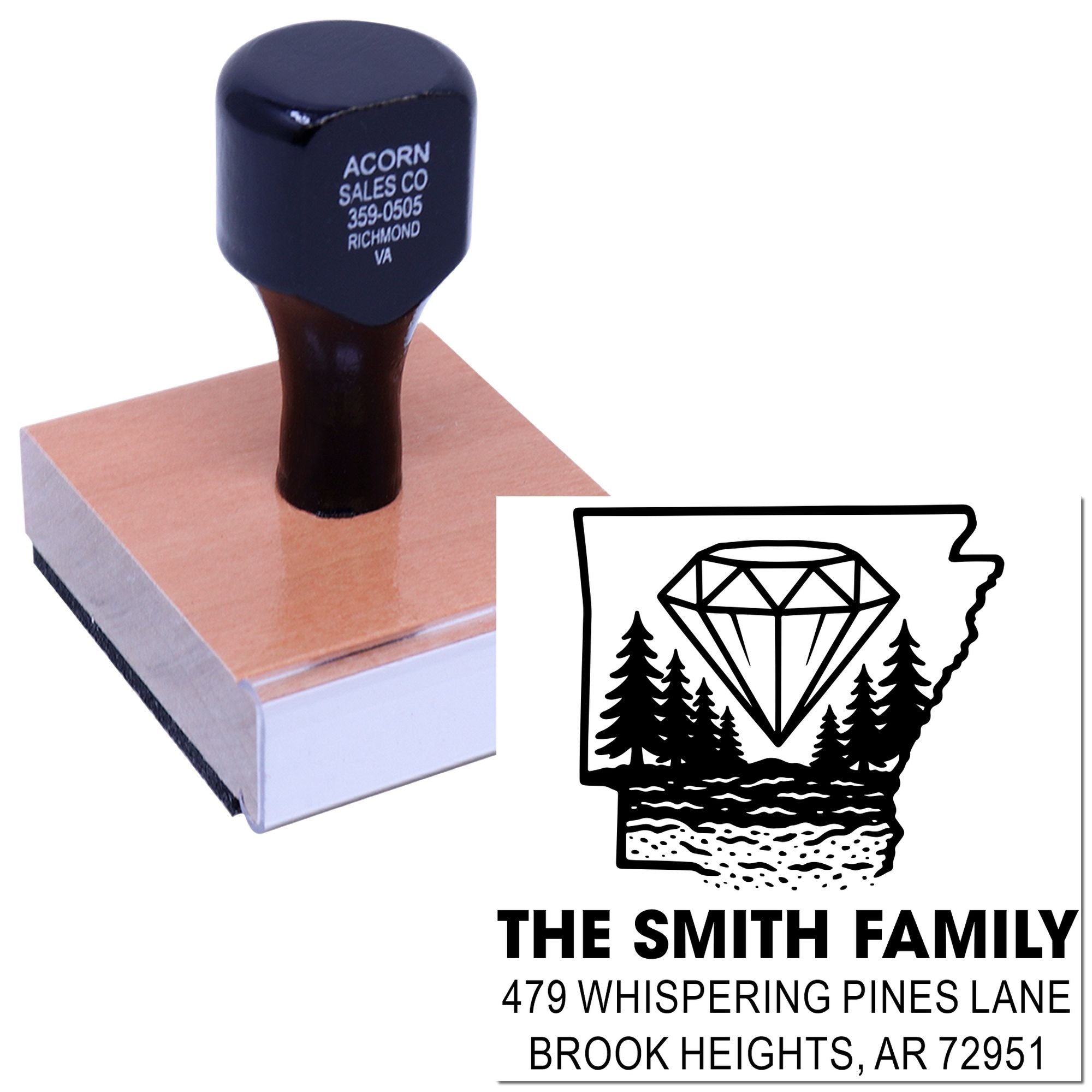 Custom personalized address rubber stamp with family name logo, ideal for mailings, packaging, and return address use.