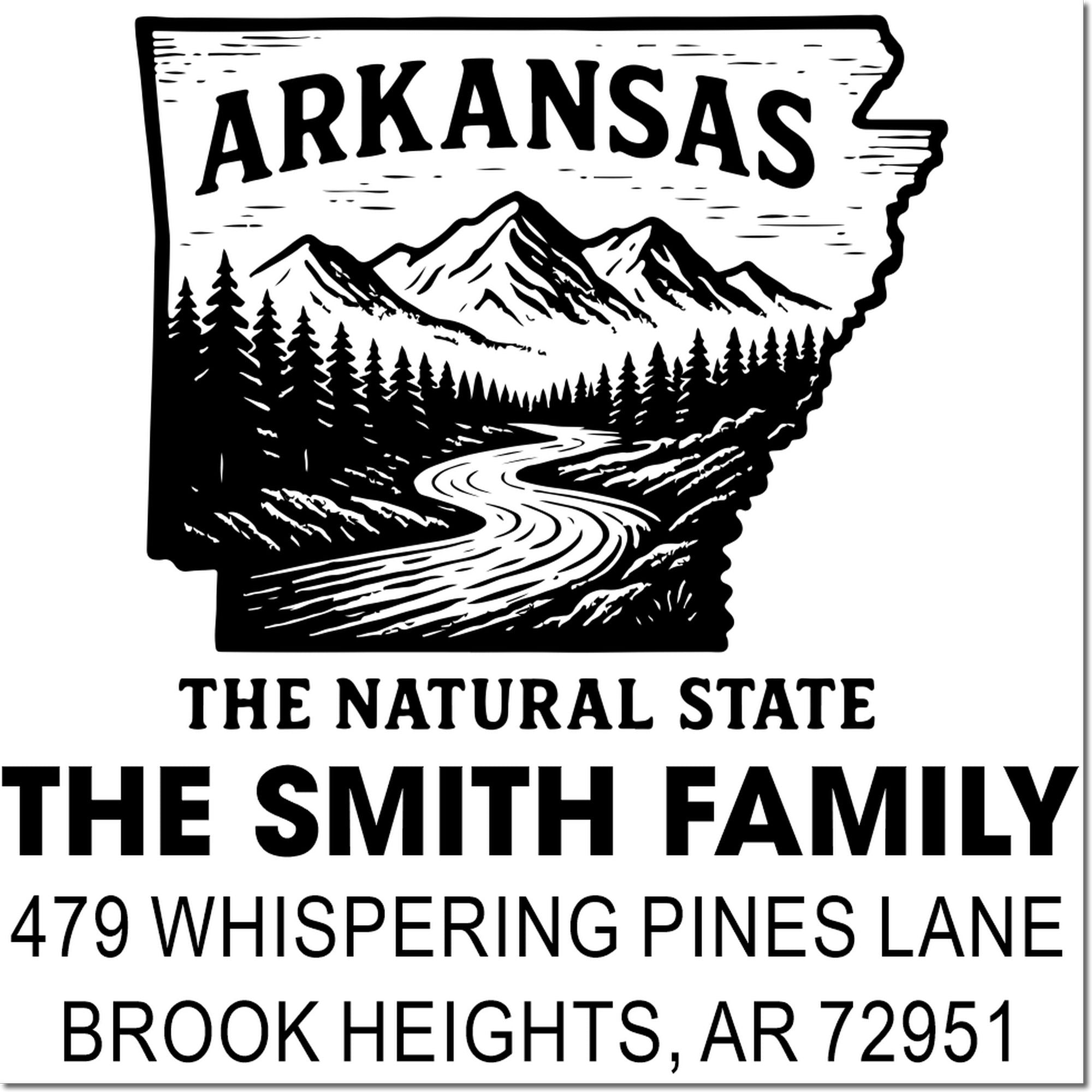 Custom Arkansas return address rubber stamp with state outline, mountain river design, and The Smith Family address
