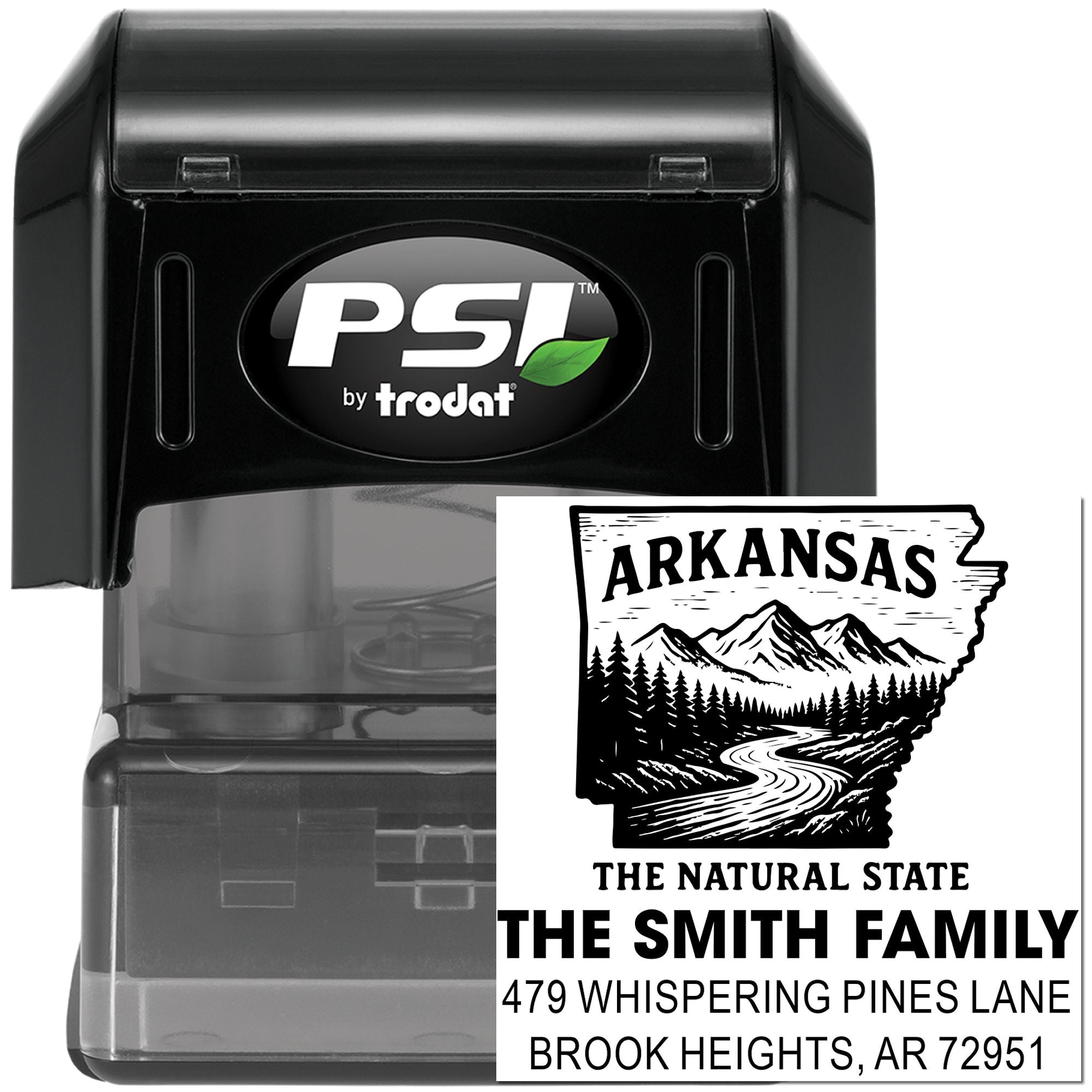 PSI by Trodat custom self-inking return address rubber stamp with Arkansas design for The Smith Family.