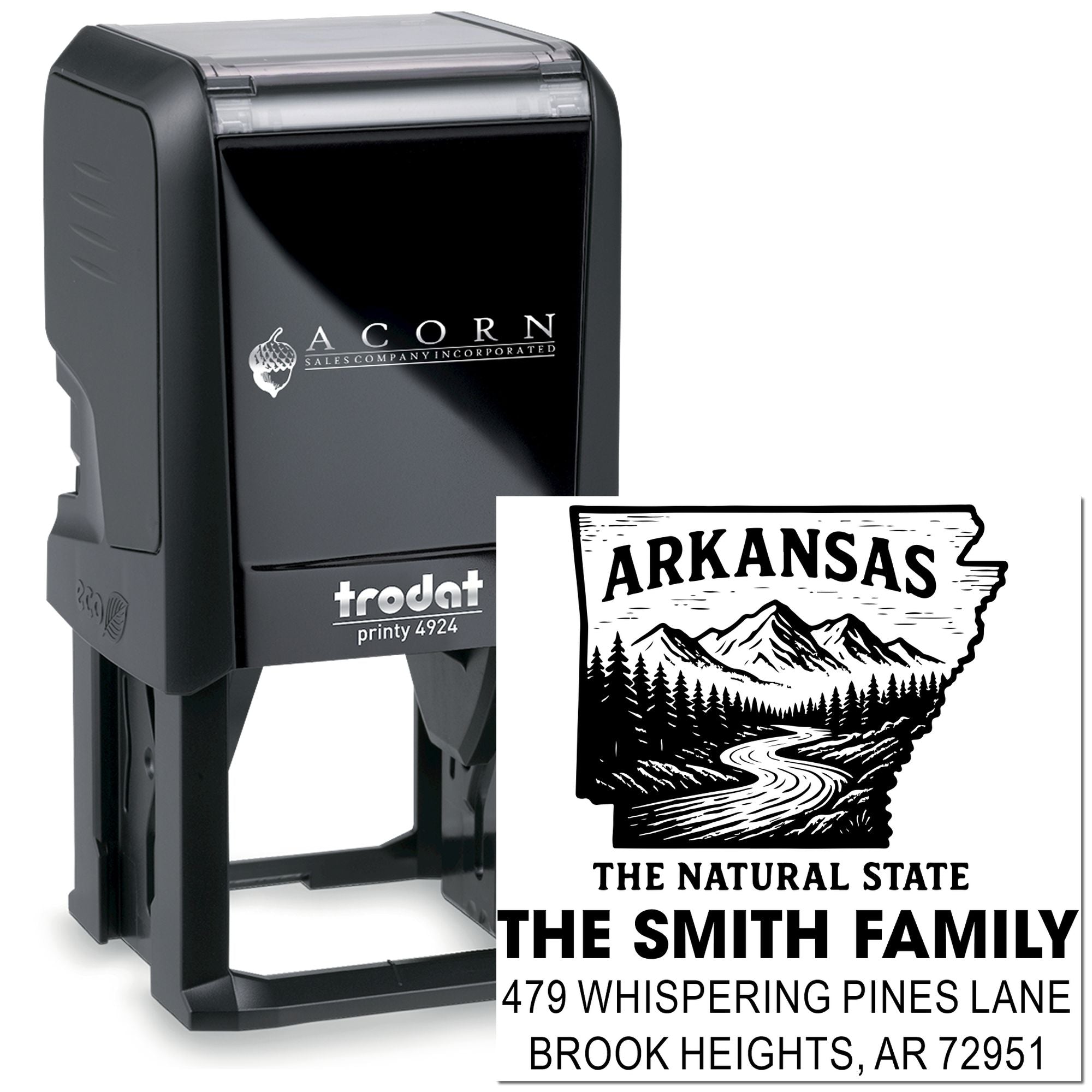 Custom self-inking rubber address stamp with Arkansas state design and The Smith Family return address for mail and packaging.
