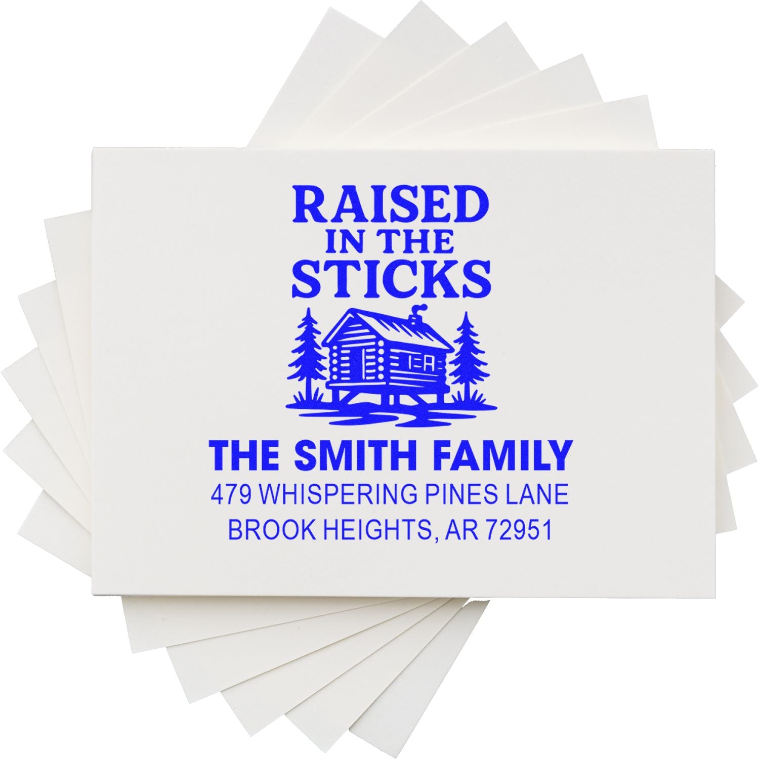 Custom return address rubber stamp for The Smith Family, with cabin graphic and Raised in the Sticks design.