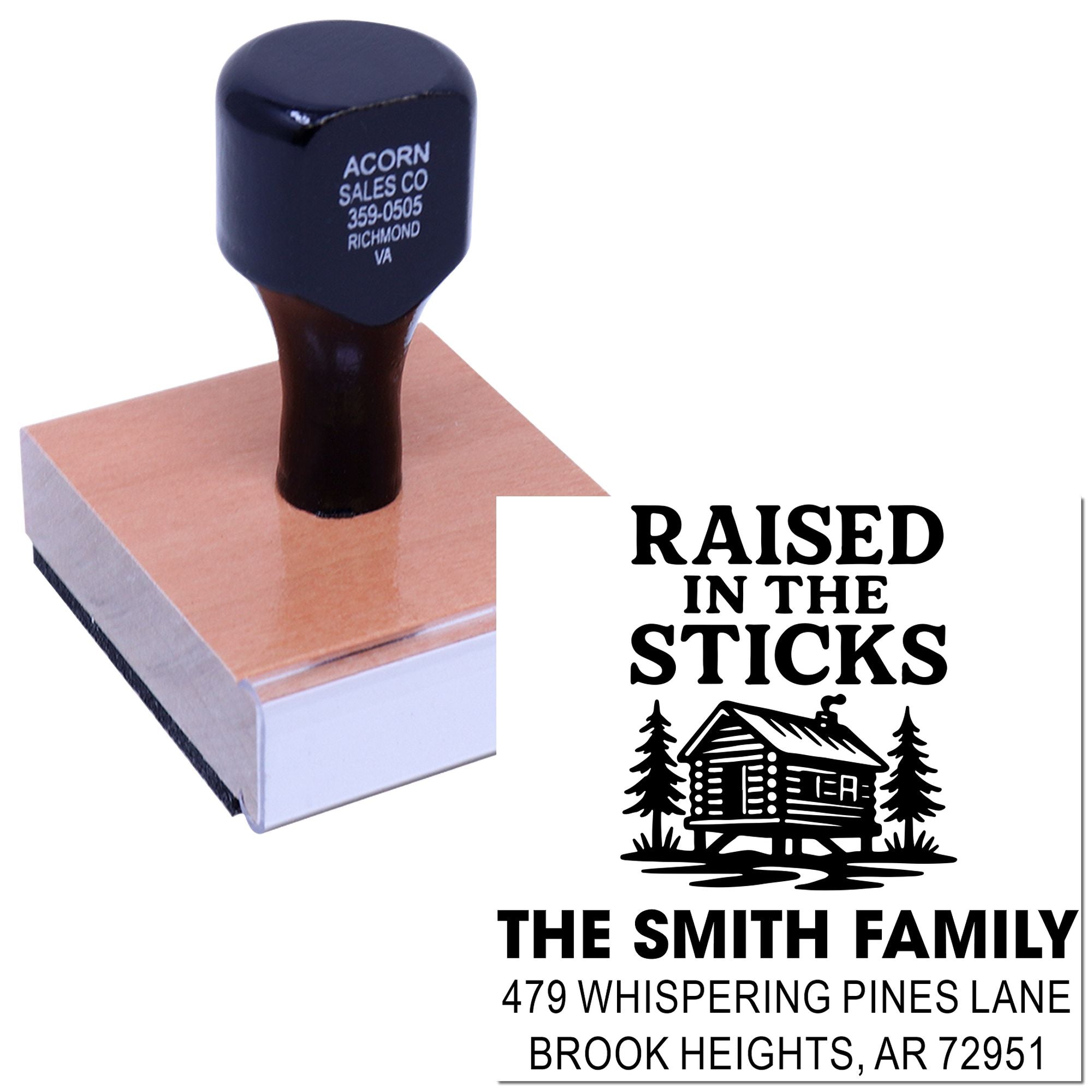 Custom return address rubber stamp with cabin design and Raised in the Sticks family name for The Smith Family.