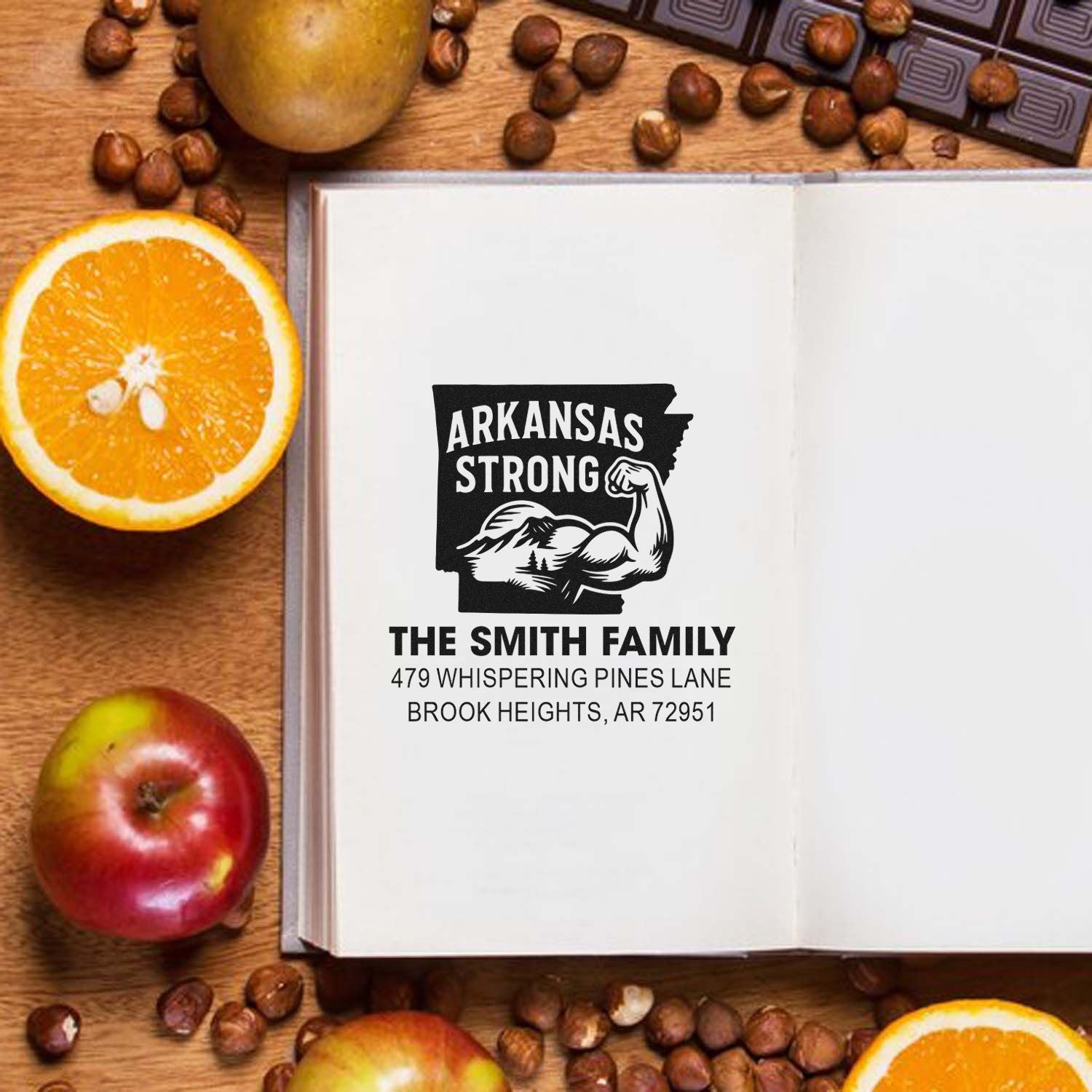 Custom Arkansas Strong return address rubber stamp for The Smith Family in Brook Heights, AR.