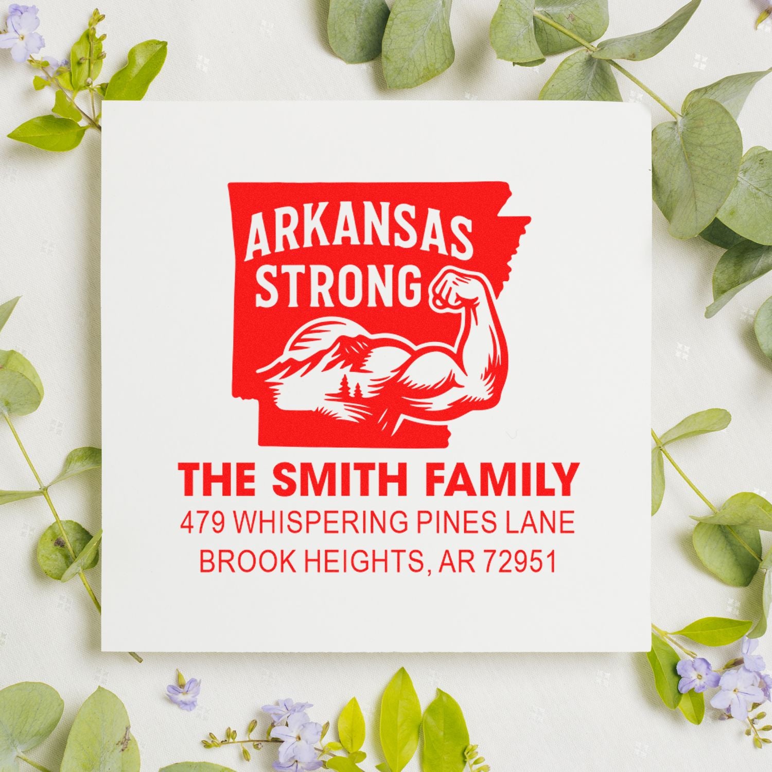 Custom Arkansas Strong address rubber stamp with family name and return address for personalized envelopes and mailing.