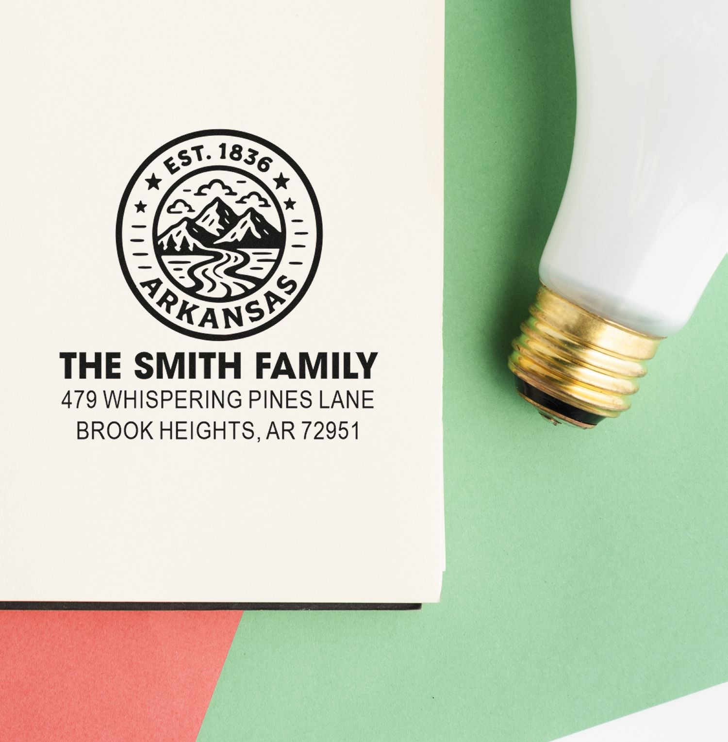 Custom address rubber stamp for The Smith Family with Arkansas mountain logo, personalized name, street address and ZIP code.