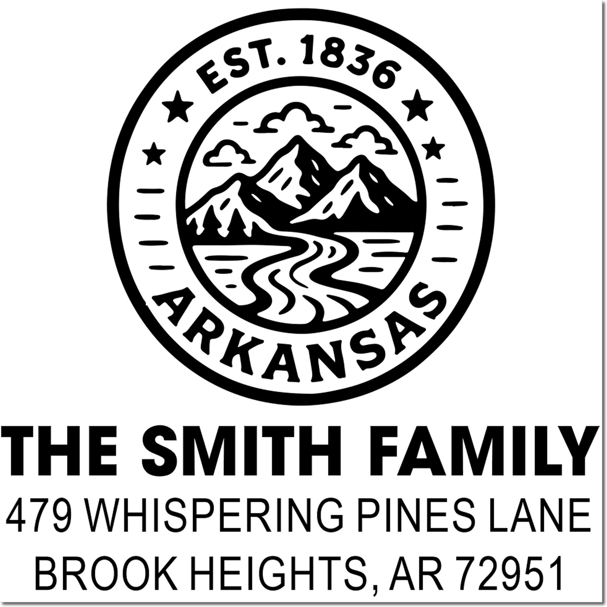 Custom family return address rubber stamp with Arkansas mountain logo for The Smith Family, Brook Heights 72951.