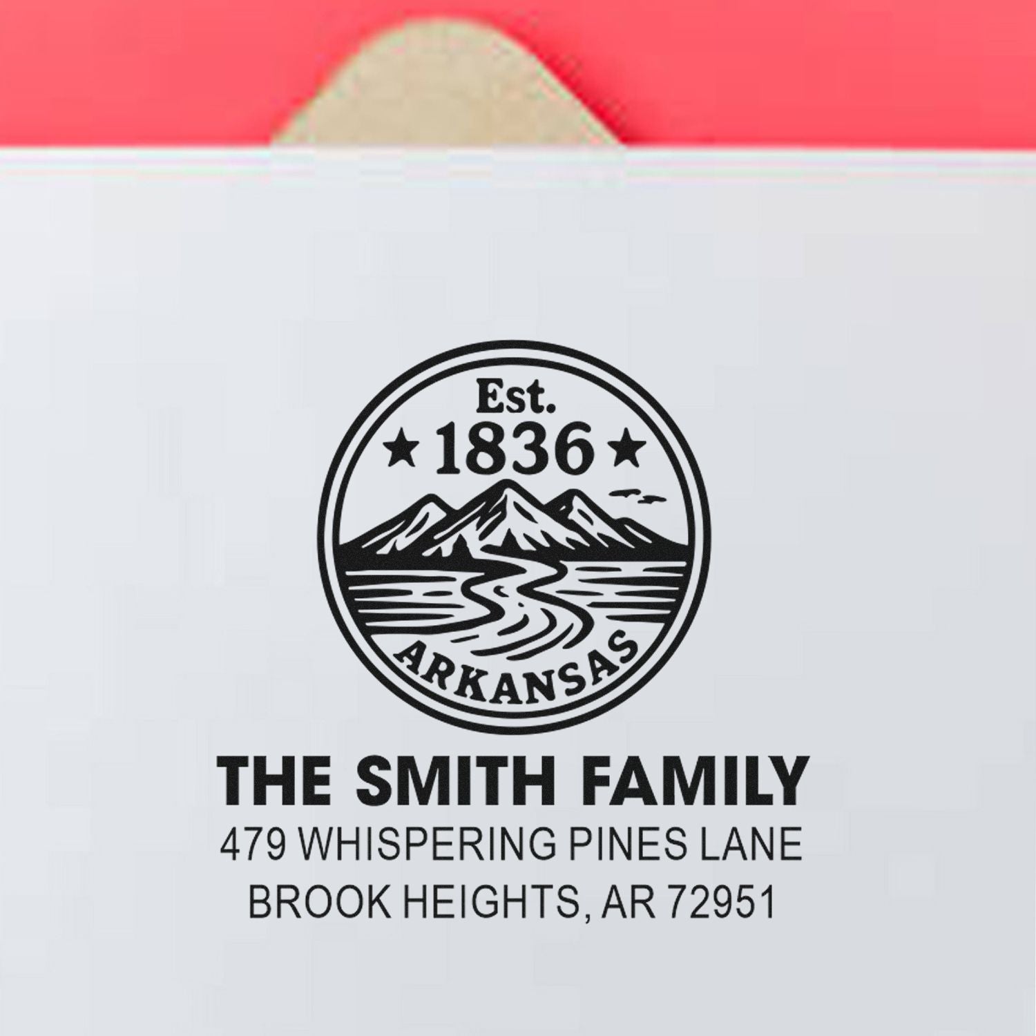 Personalized family return address rubber stamp with Arkansas mountain seal, The Smith Family, Brook Heights, AR 72951.