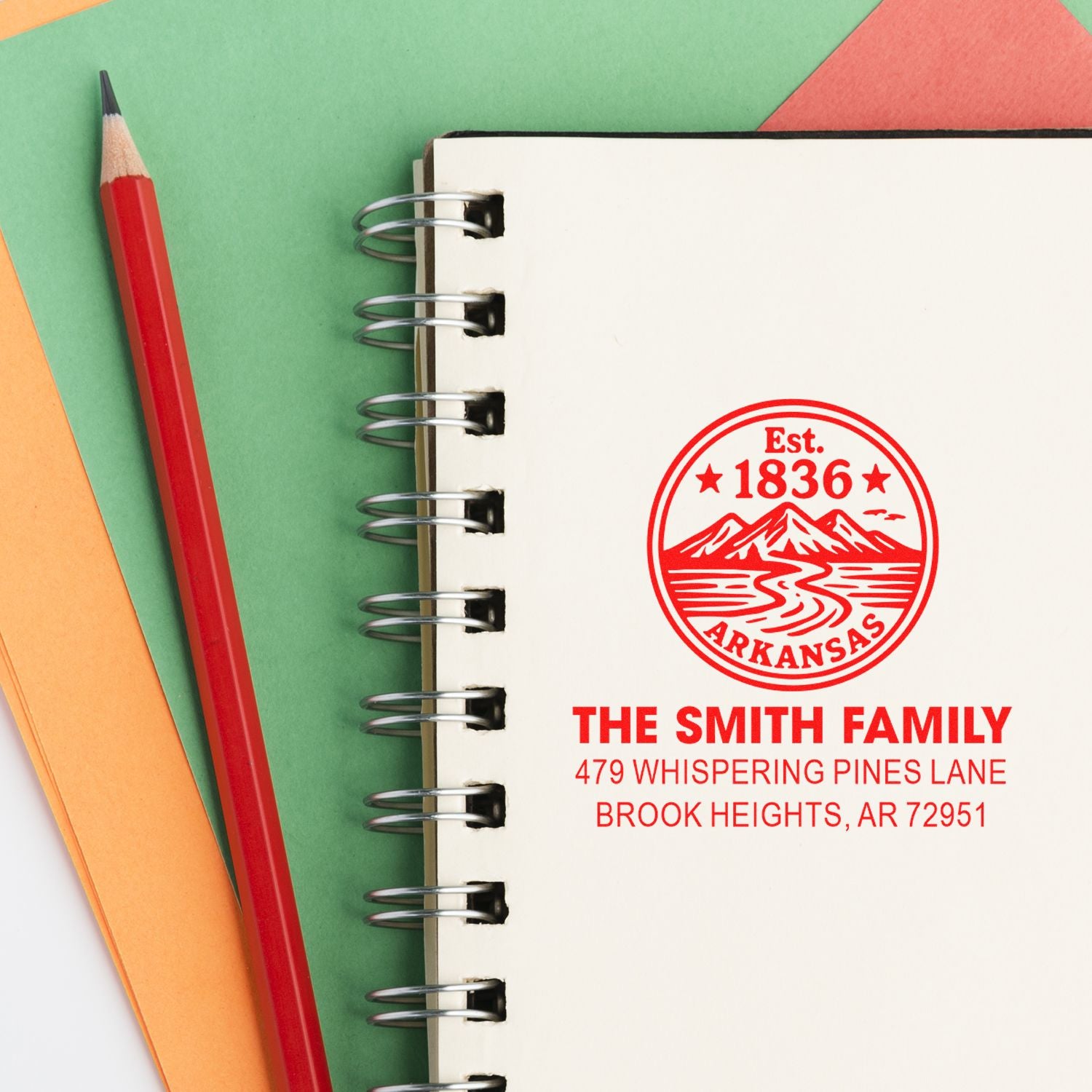 Custom family return address rubber stamp with Arkansas state design, ideal for personalized stationery and mailings.