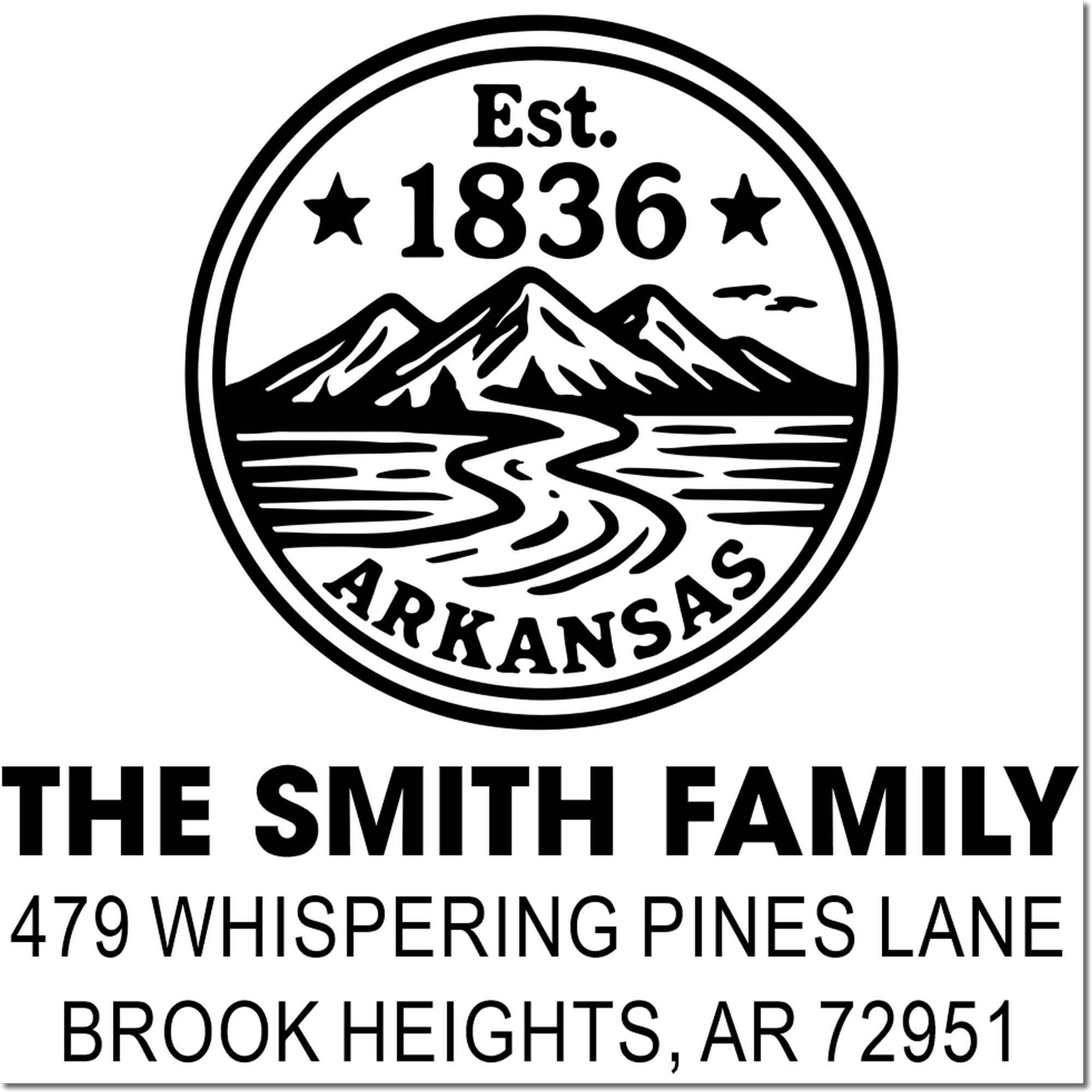 Custom address rubber stamp for The Smith Family, with Arkansas mountain logo and return address in Brook Heights, AR 72951.