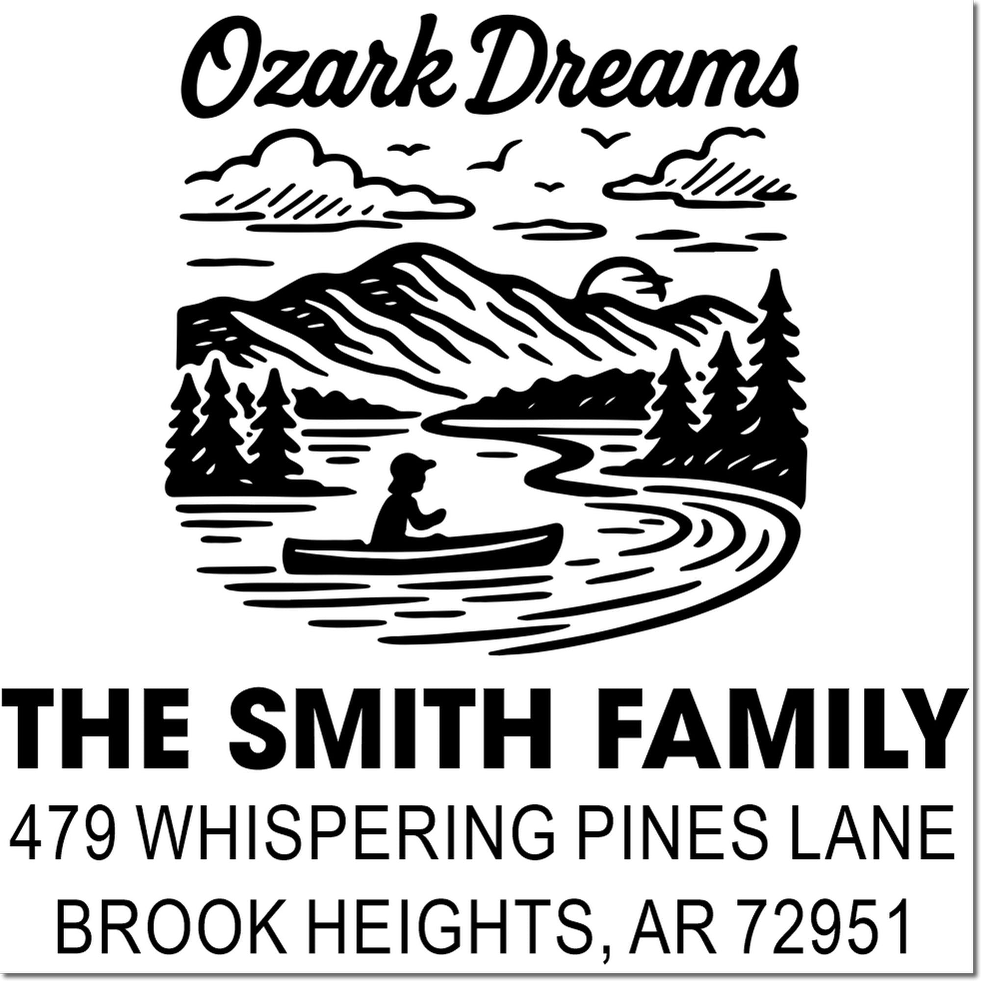 Custom family address rubber stamp with Ozark Dreams mountain scene, The Smith Family, and Brook Heights, AR address.