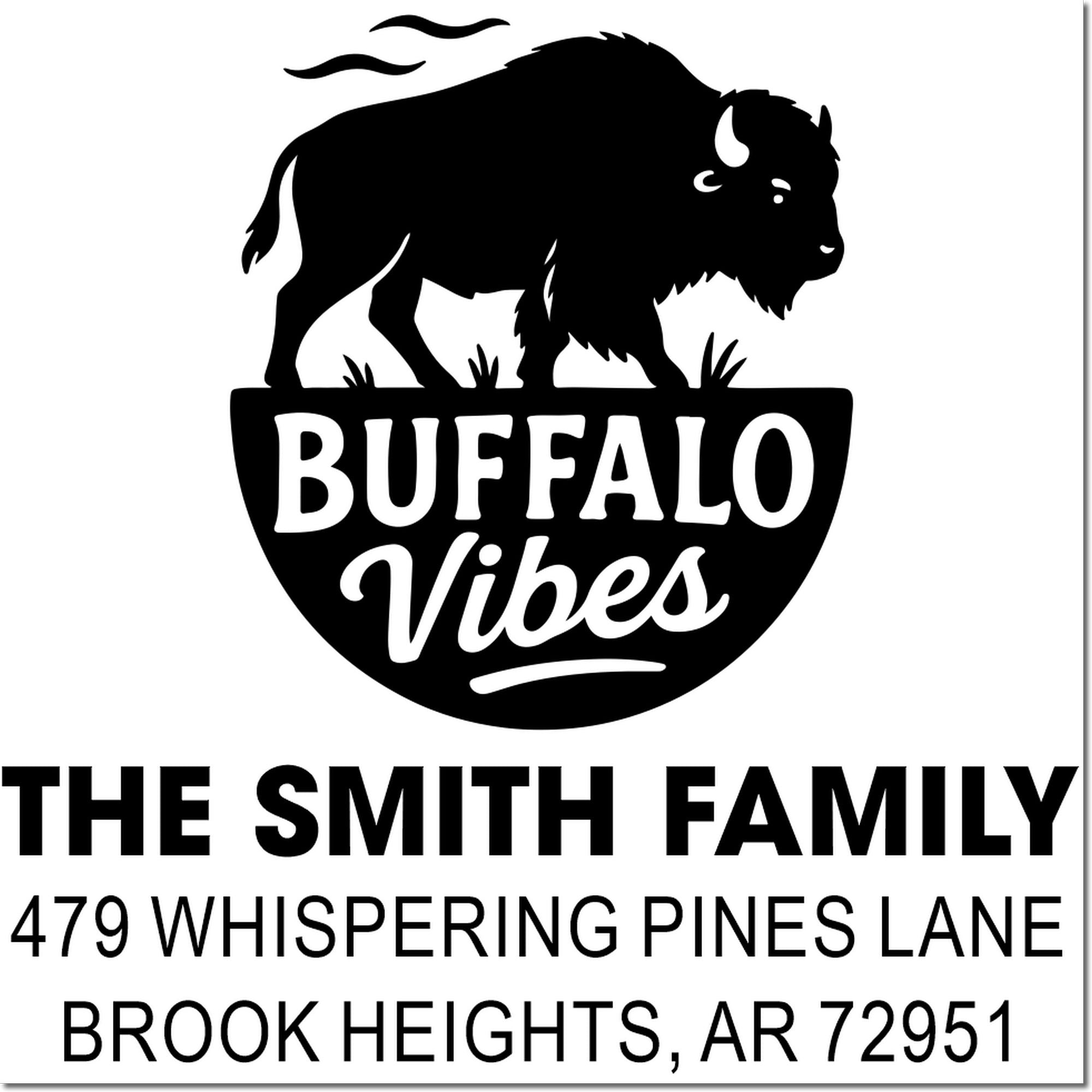Custom Buffalo Vibes return address rubber stamp with buffalo graphic for The Smith Family, Brook Heights, AR
