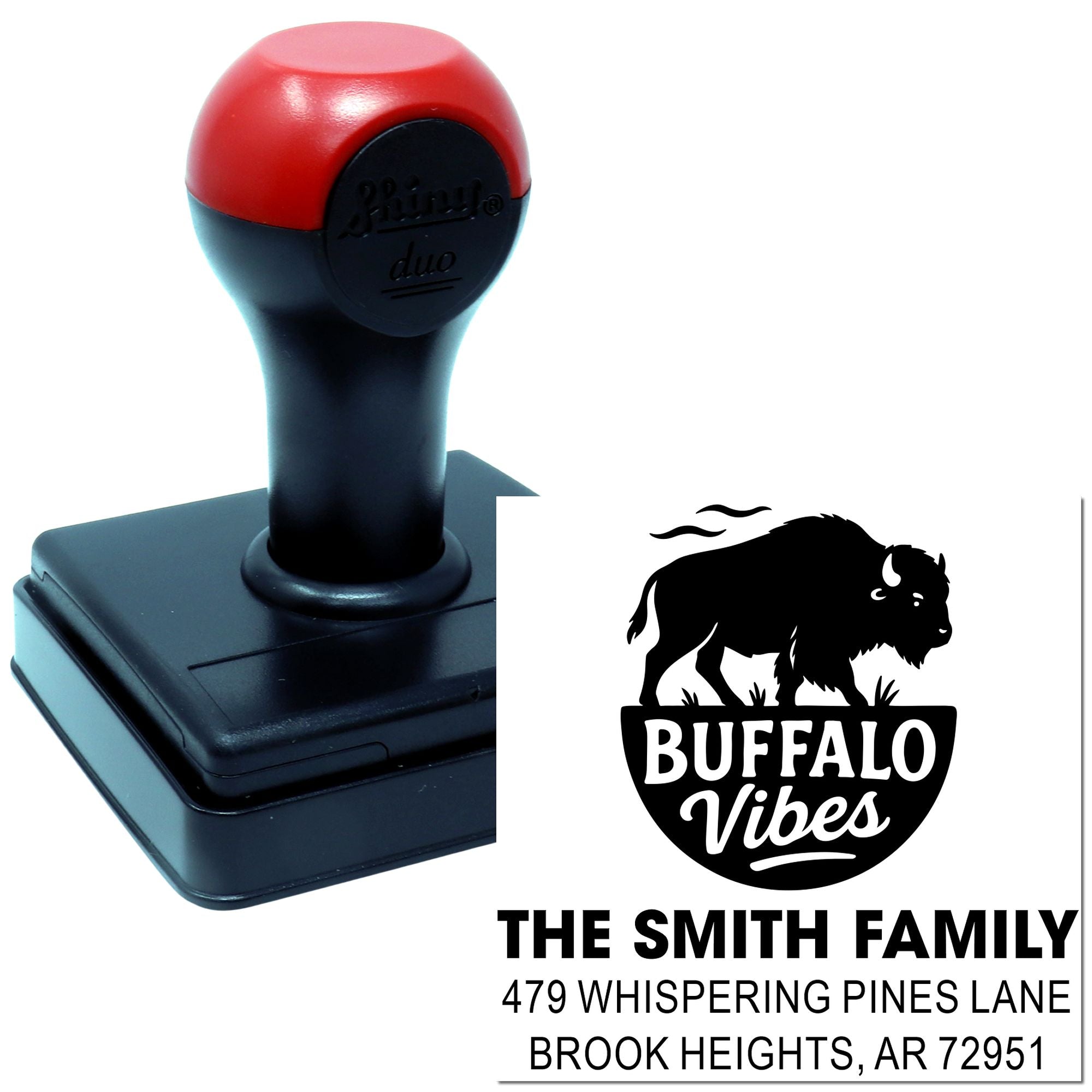 Self-inking custom rubber stamp with Buffalo Vibes family address design for personalized return address stamps.