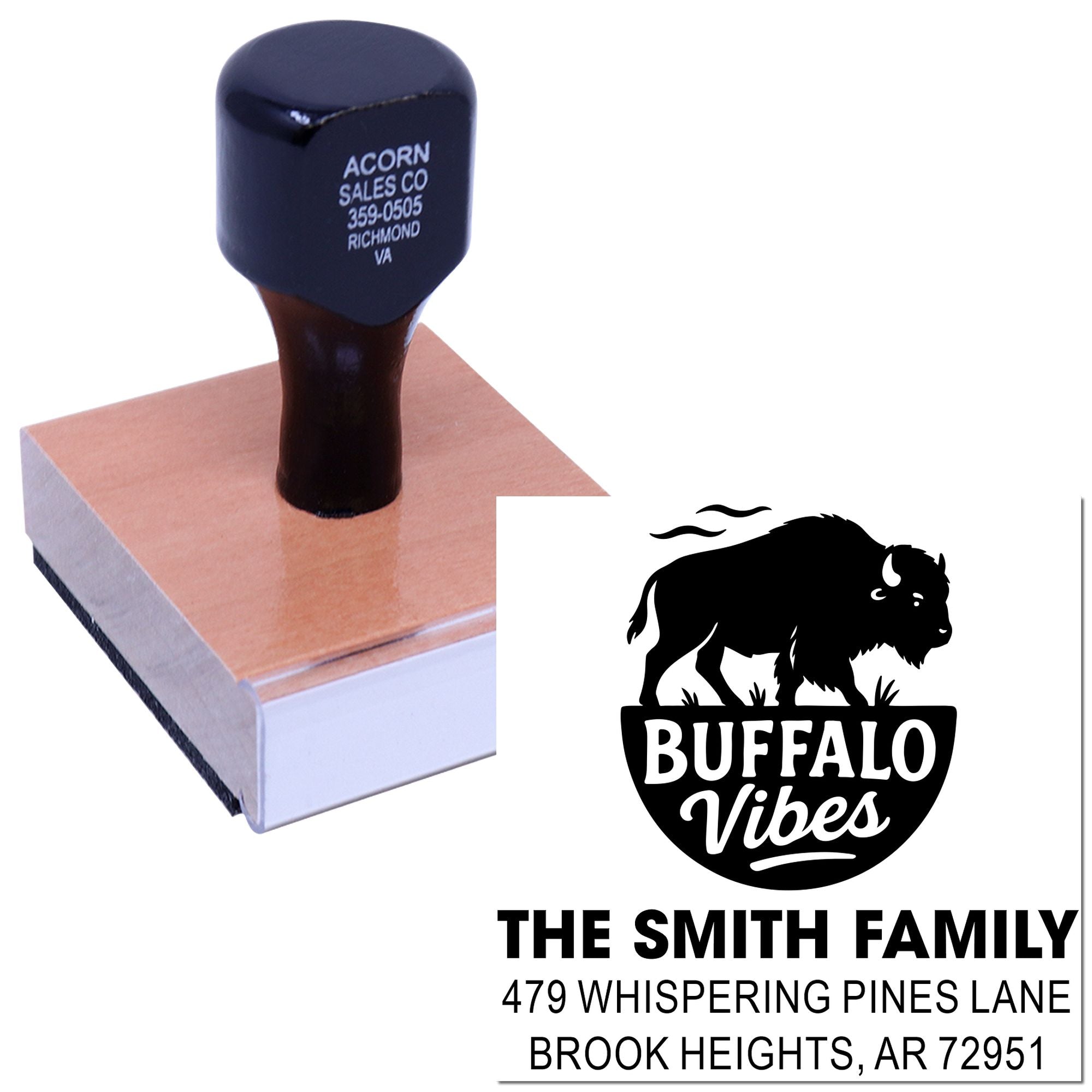 Custom self-inking rubber stamp with Buffalo Vibes family return address design for personalized mailing and branding.
