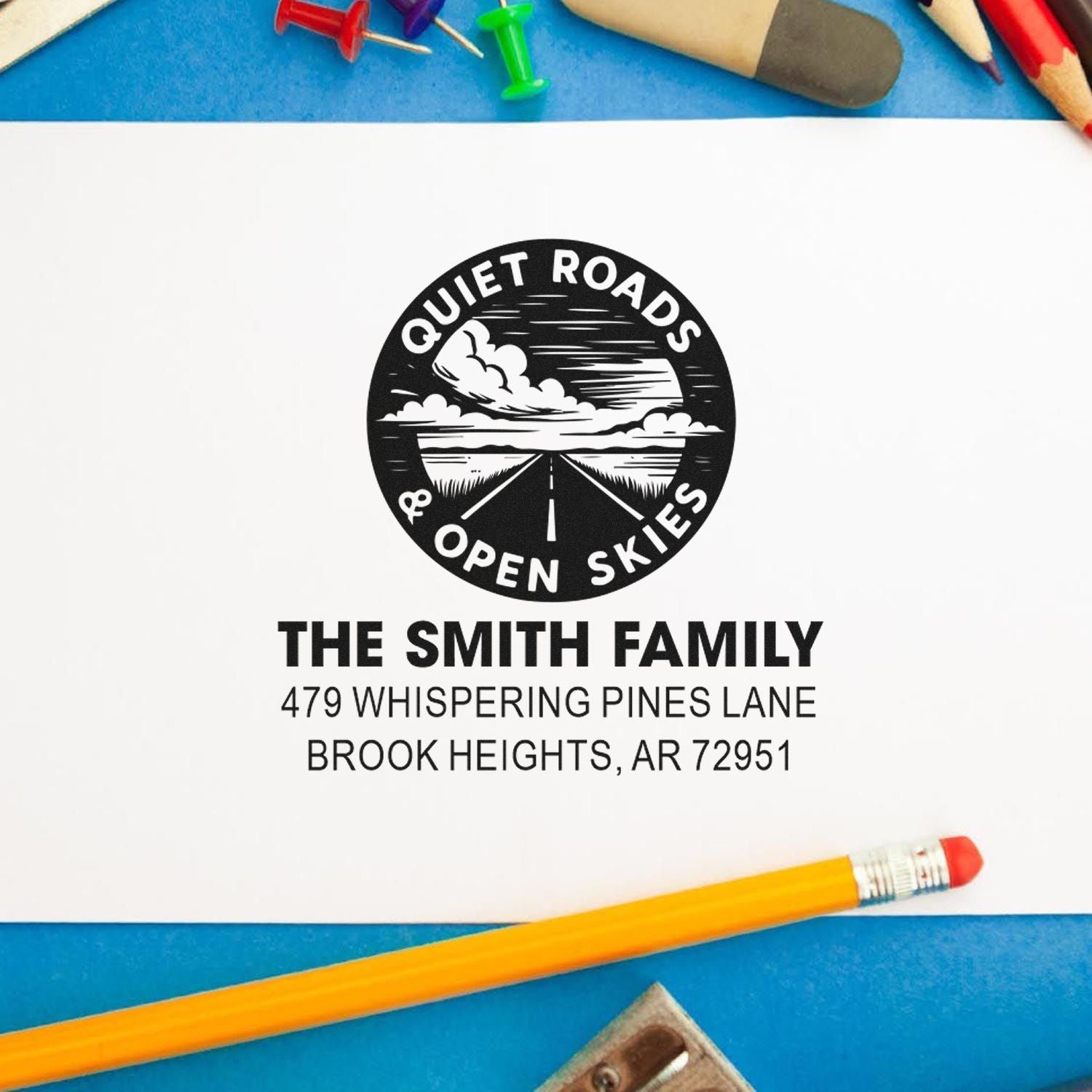 Personalized return address rubber stamp for The Smith Family with Quiet Roads & Open Skies design.