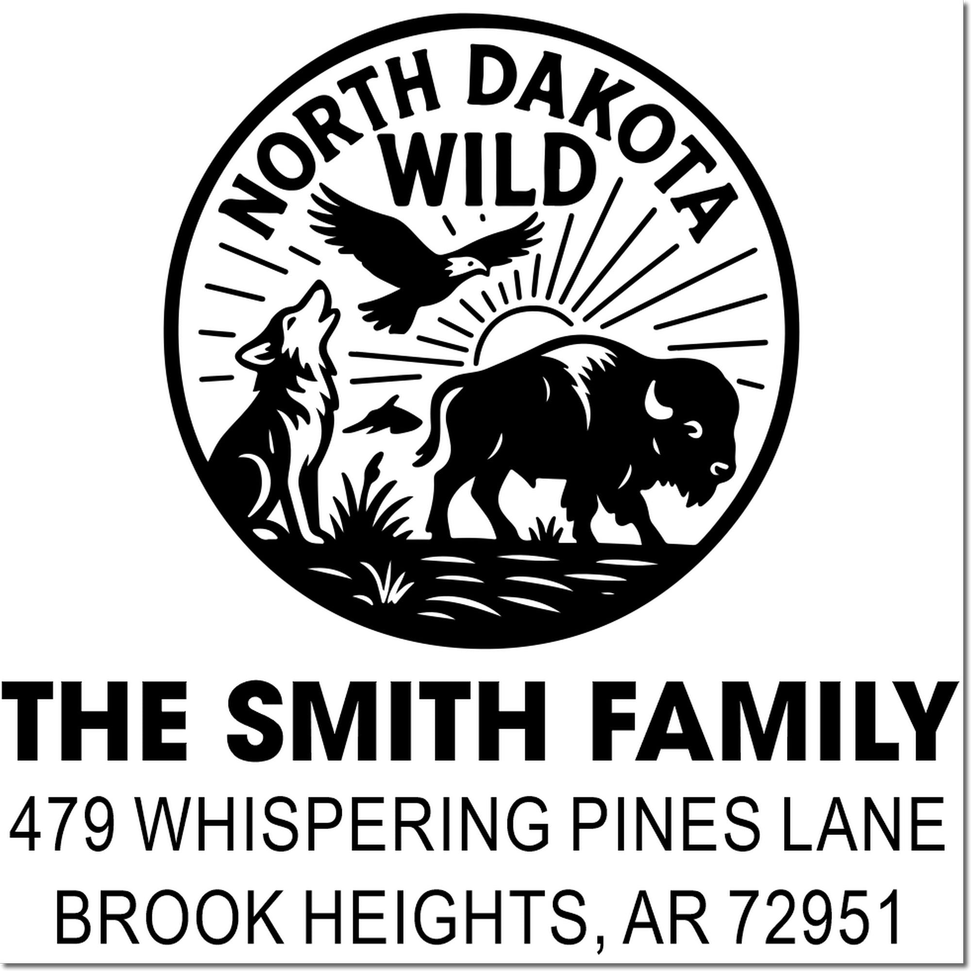 Custom return address rubber stamp with North Dakota Wild bison, wolf and eagle design for The Smith Family, Brook Heights AR