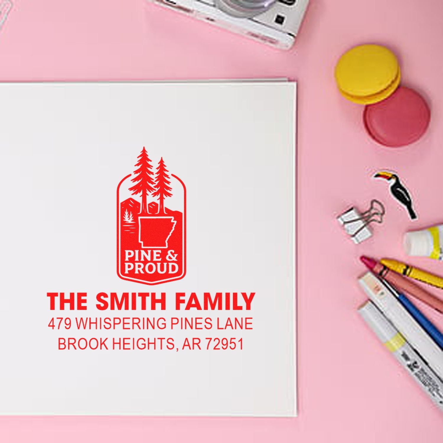 Custom rubber stamp design with Pine & Proud logo and Smith family address for personalized return mailing.