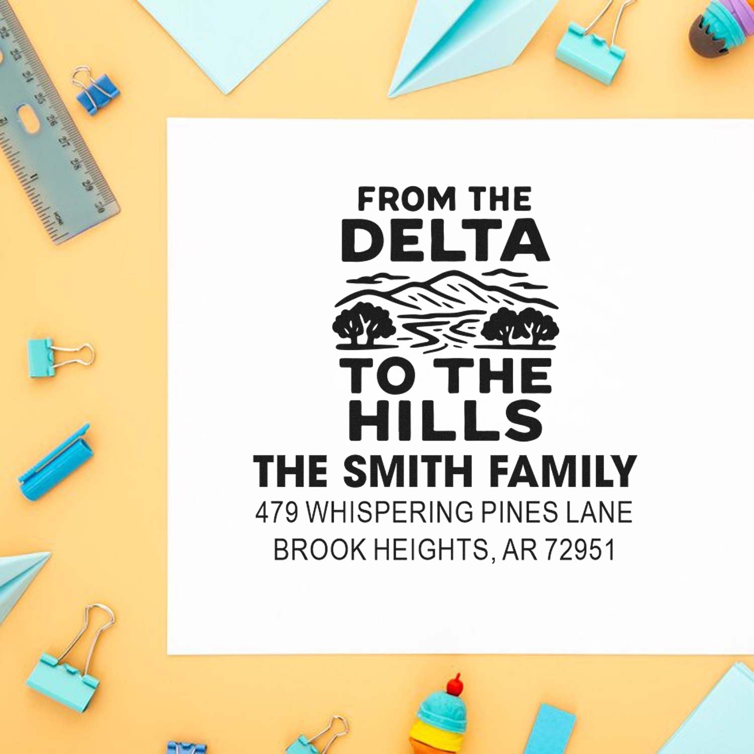 Personalized return address rubber stamp for The Smith Family with mountain design and Brook Heights, AR address
