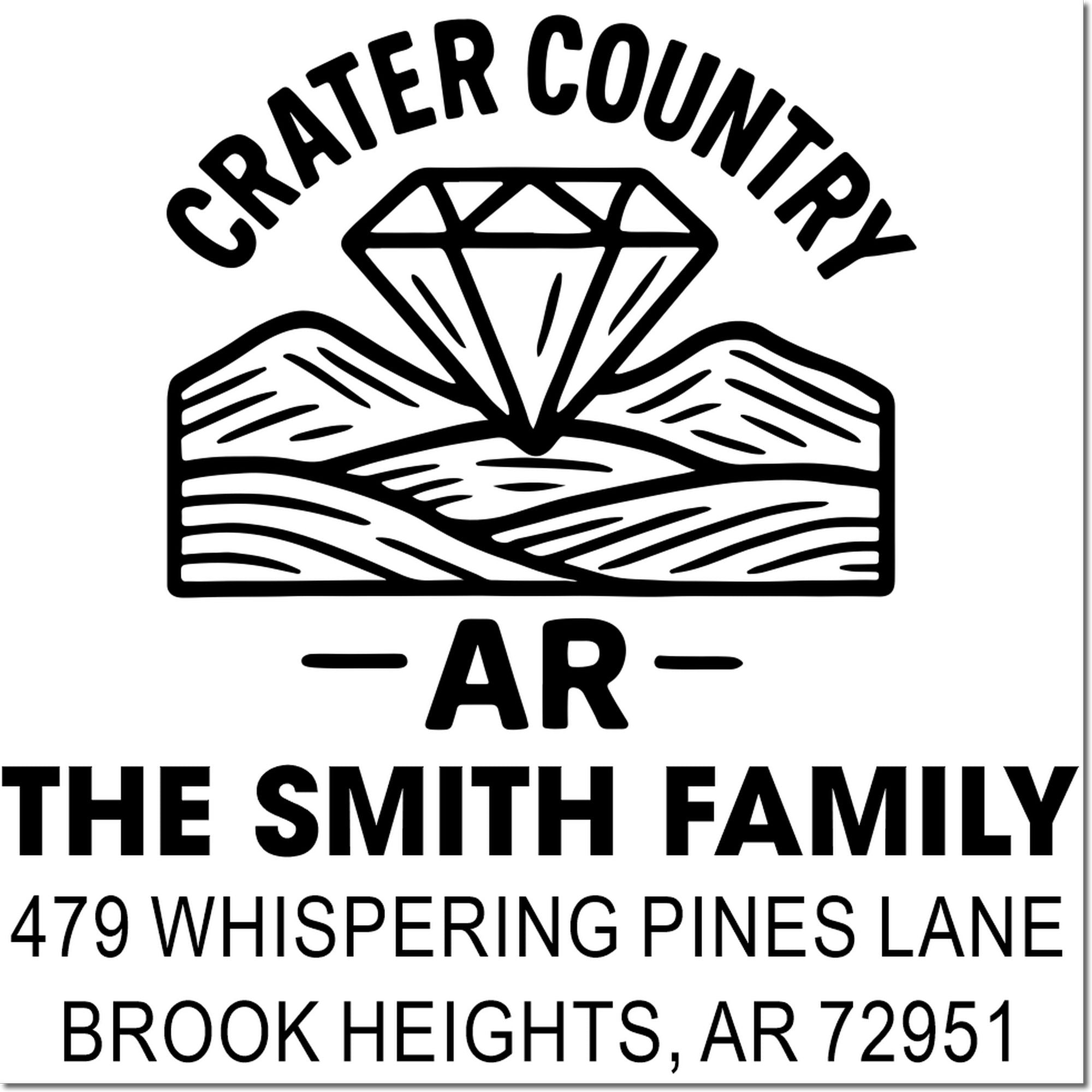 Custom Crater Country AR return address rubber stamp for The Smith Family, 479 Whispering Pines Lane, Brook Heights, AR 72951.