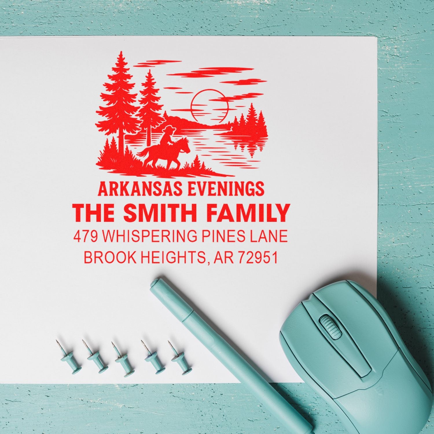 Custom family address rubber stamp with Arkansas pine scene, name, street address, and ZIP code.