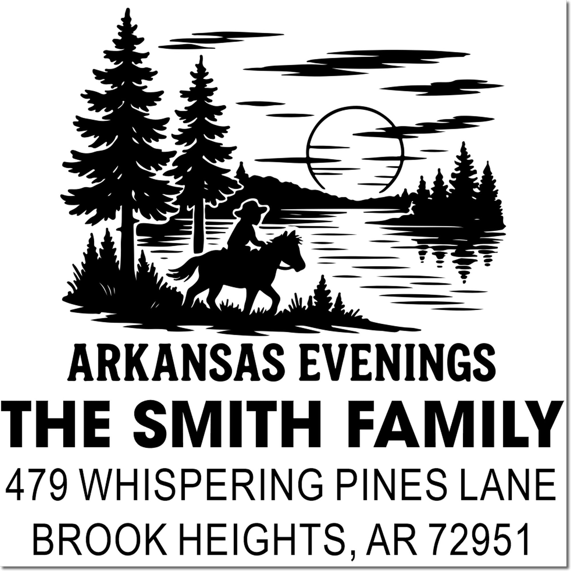 Custom Arkansas return address rubber stamp for The Smith Family with pine forest, horse rider, and mailing address.