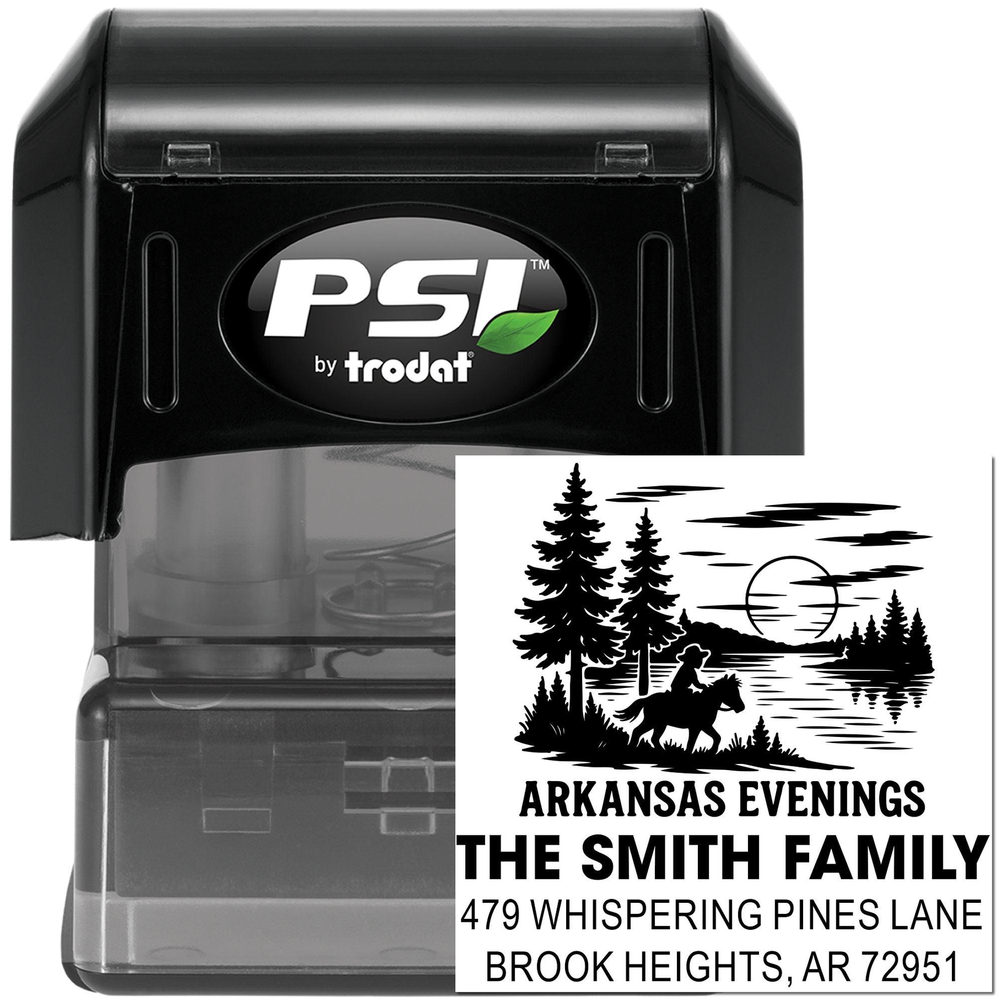 PSI by Trodat custom self-inking rubber address stamp with Arkansas evening forest design for The Smith Family.