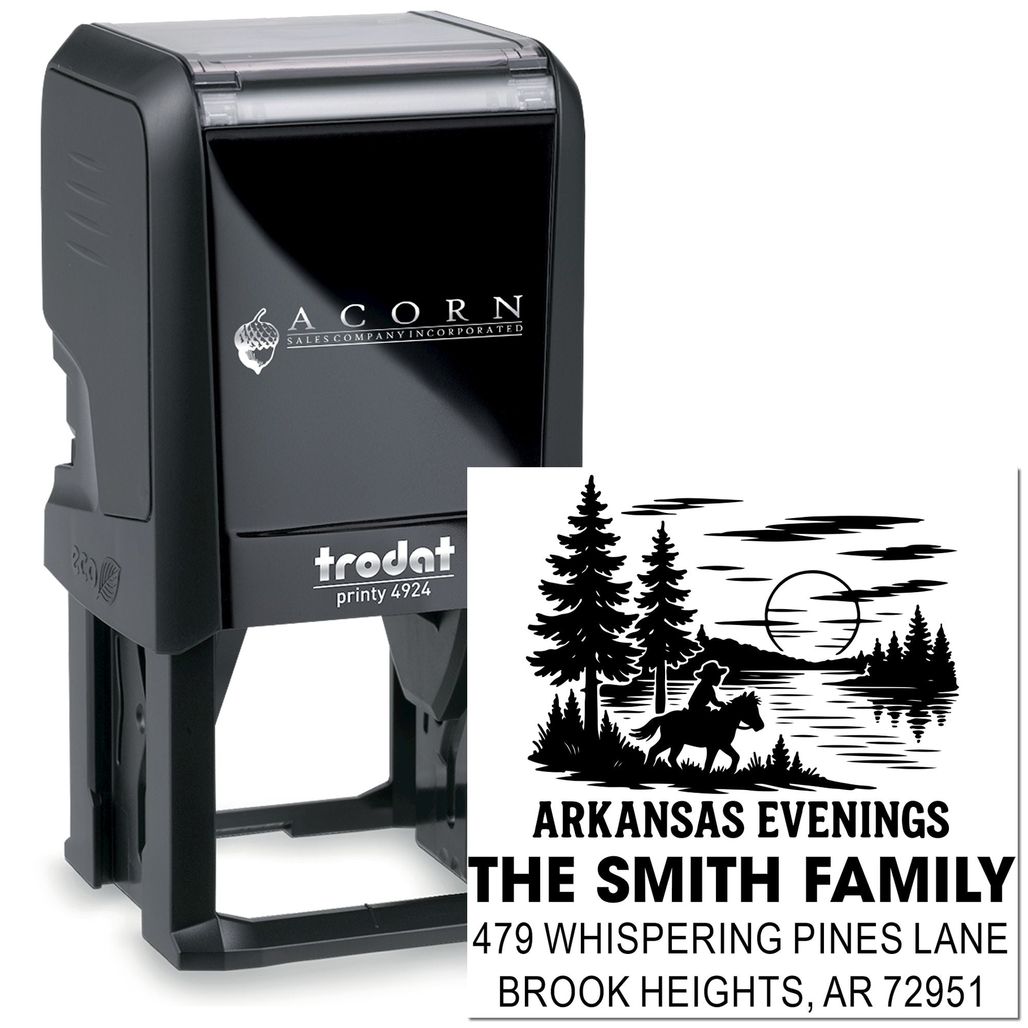 Custom self-inking rubber address stamp with Arkansas family name and return mailing design for personalized correspondence.