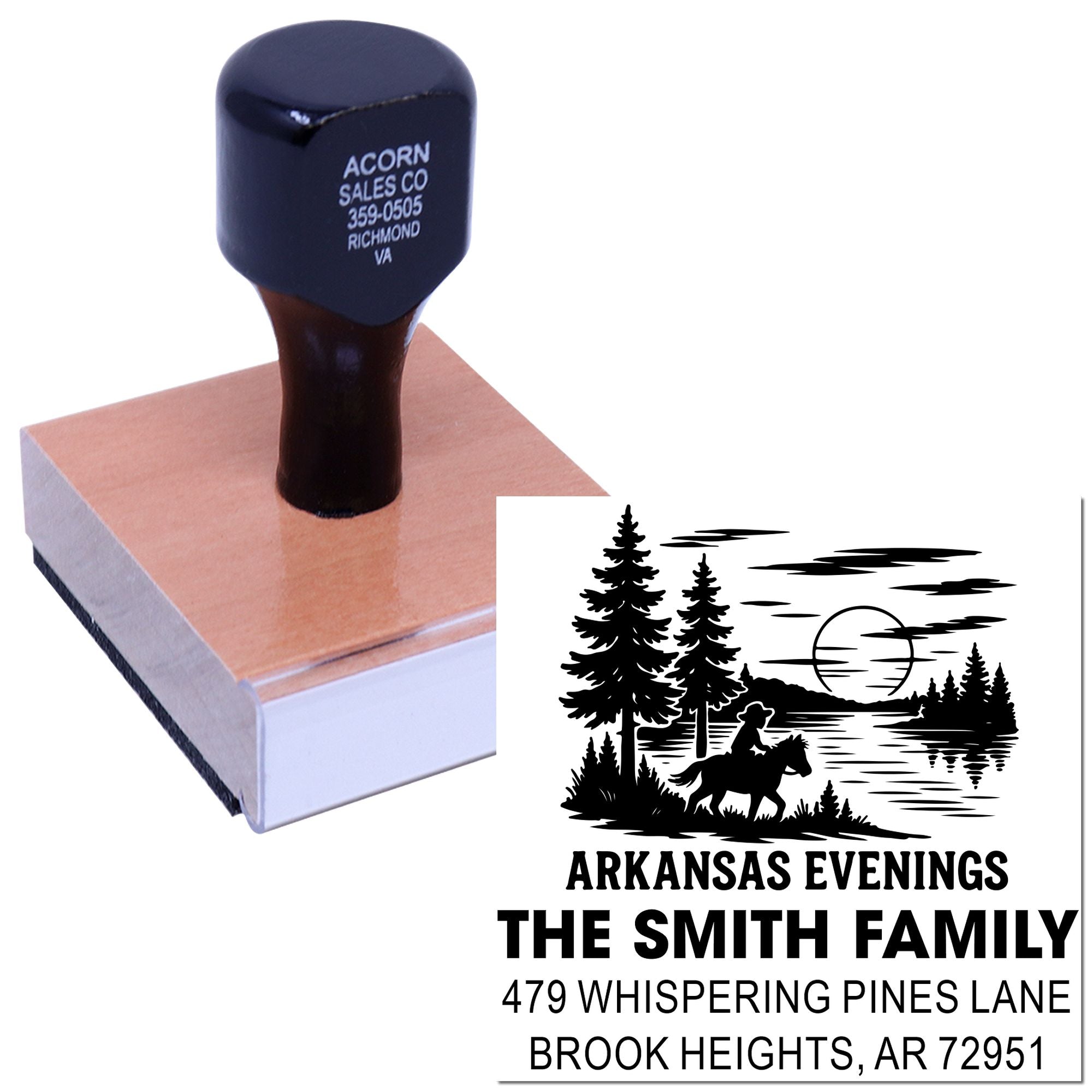 Custom Arkansas return address rubber stamp with scenic horse and family name design for envelopes.