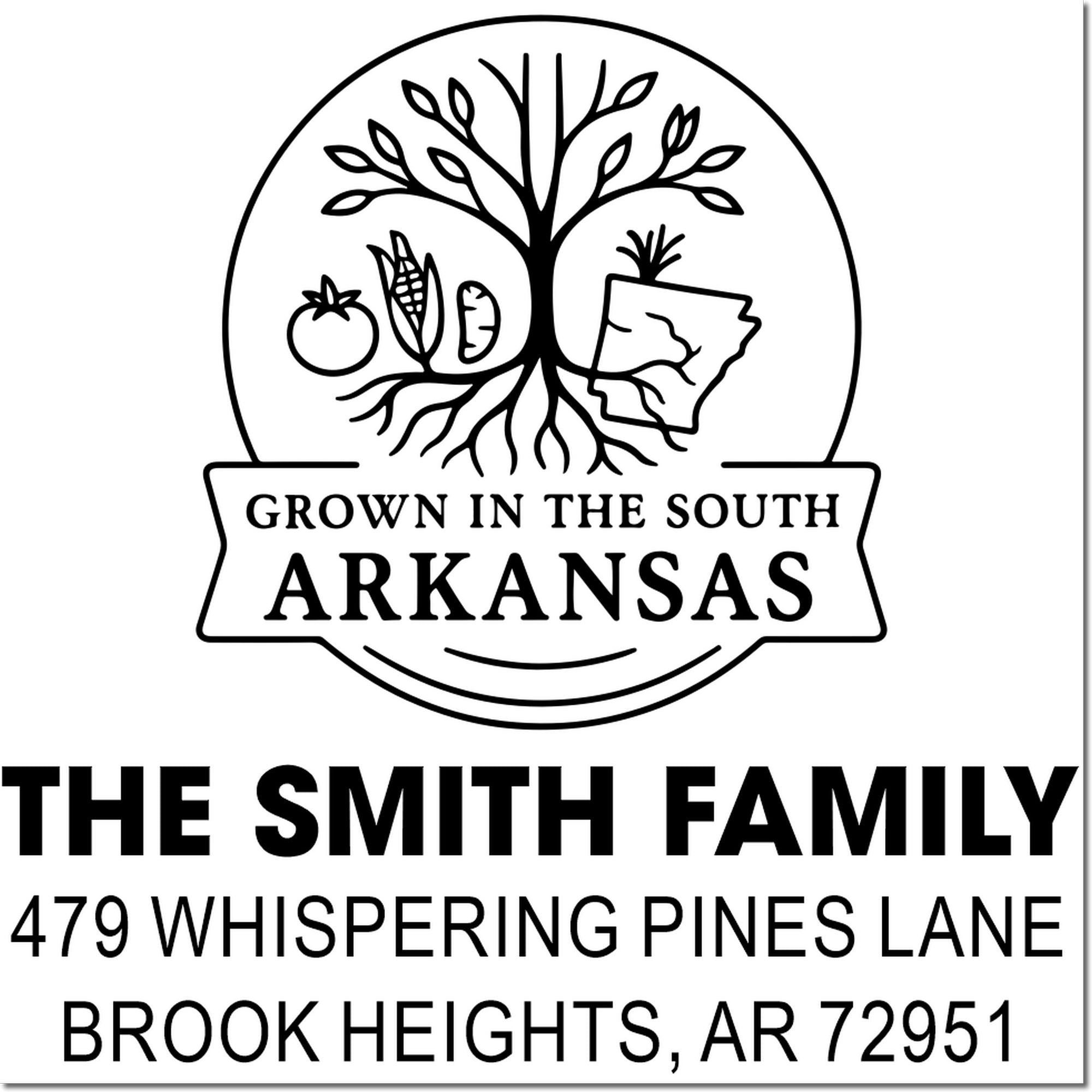 Custom Arkansas address rubber stamp for The Smith Family in Brook Heights, featuring a grown in the South farm logo.