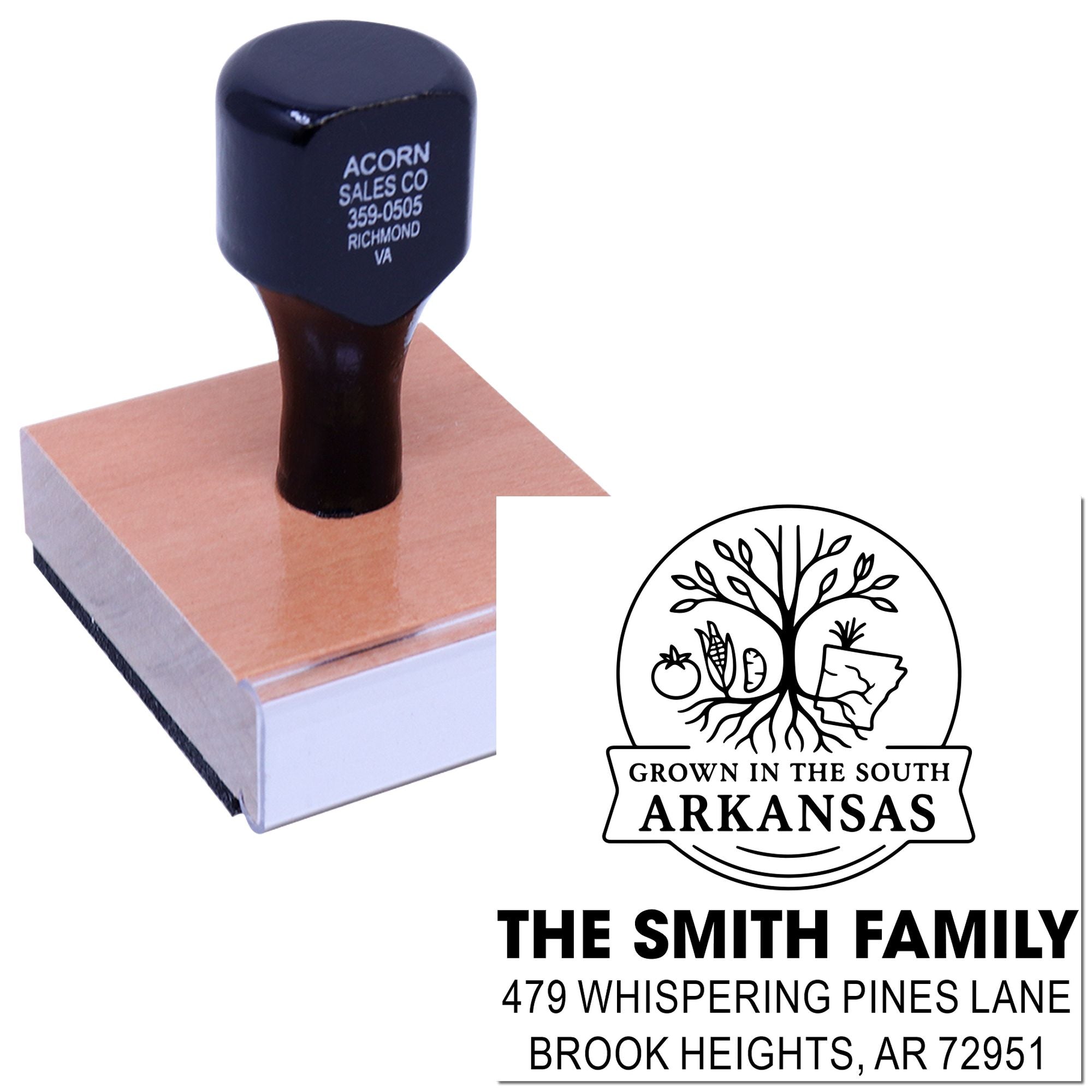 Custom Arkansas return address rubber stamp with family name, address, and Grown in the South logo design.