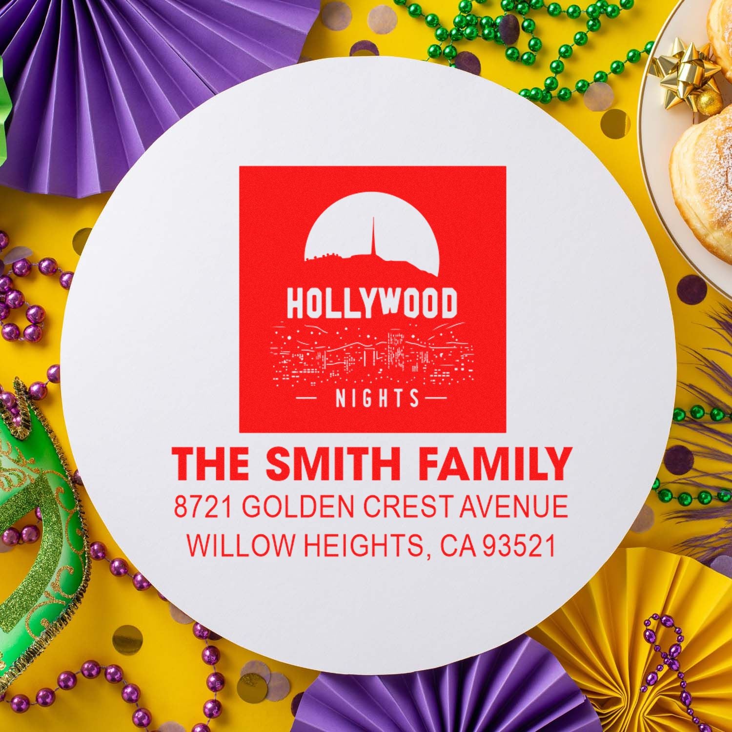 Personalized return address rubber stamp for The Smith Family, featuring a Hollywood Nights design for Mardi Gras mailings.