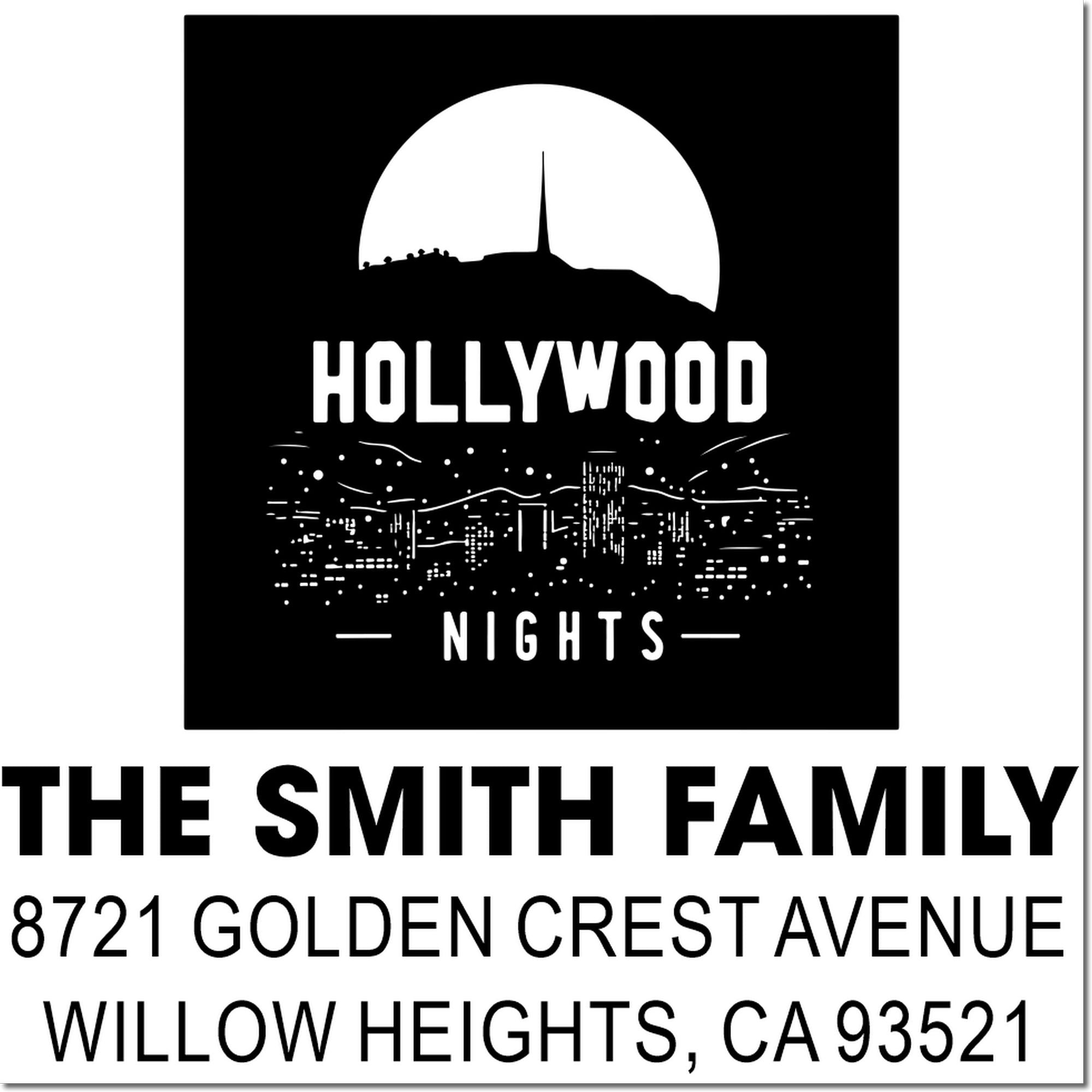 Custom Hollywood Nights rubber stamp with The Smith Family return address in Willow Heights, CA 93521.