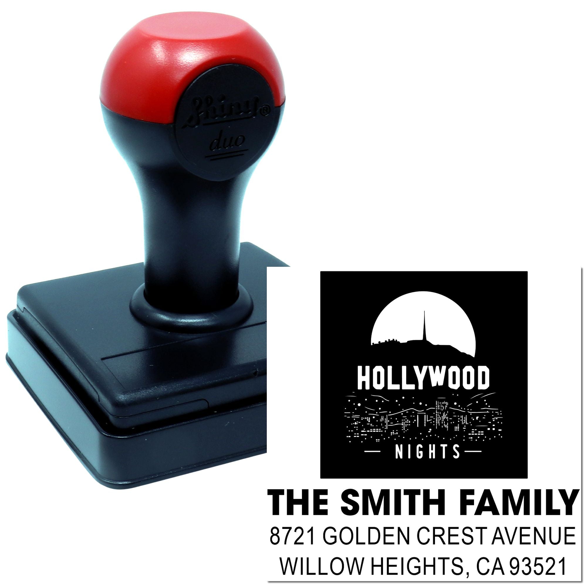 Custom self-inking rubber address stamp for The Smith Family with Hollywood Nights design.
