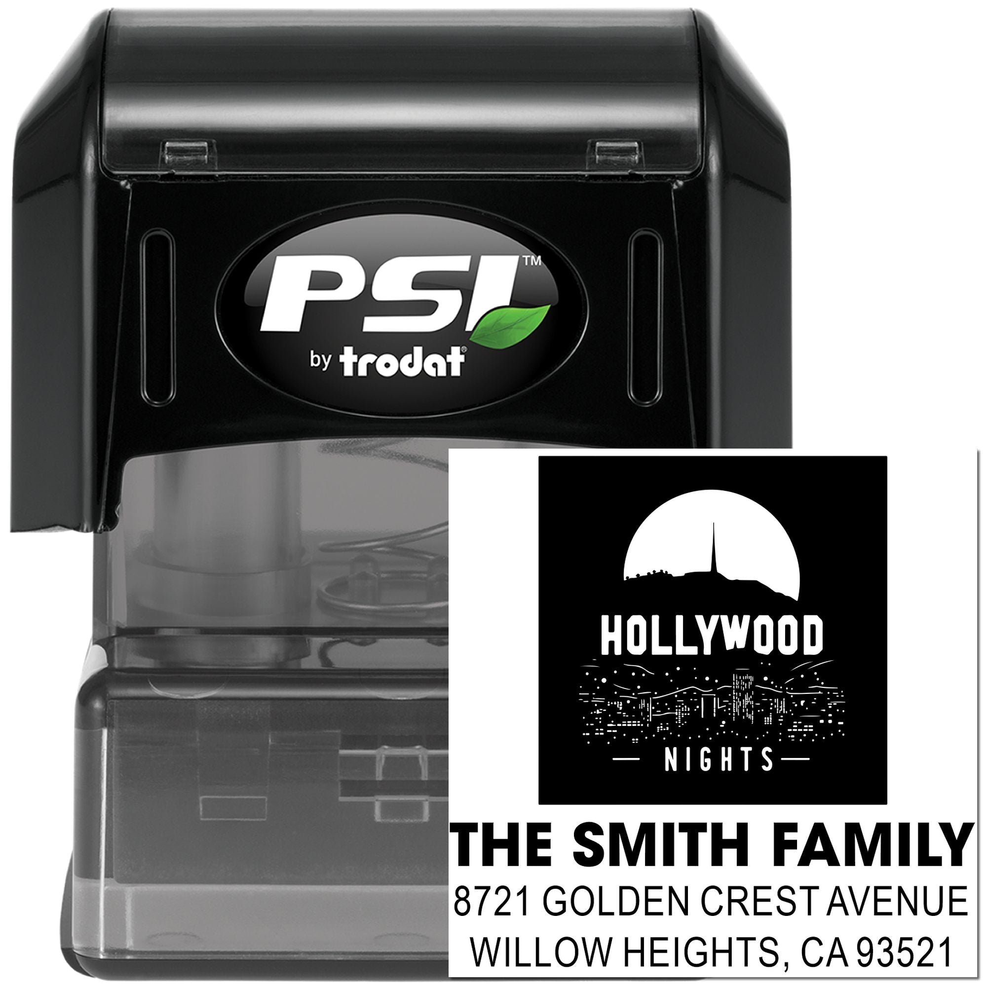 PSI by Trodat custom self-inking rubber address stamp with family name, logo, and return address imprint.
