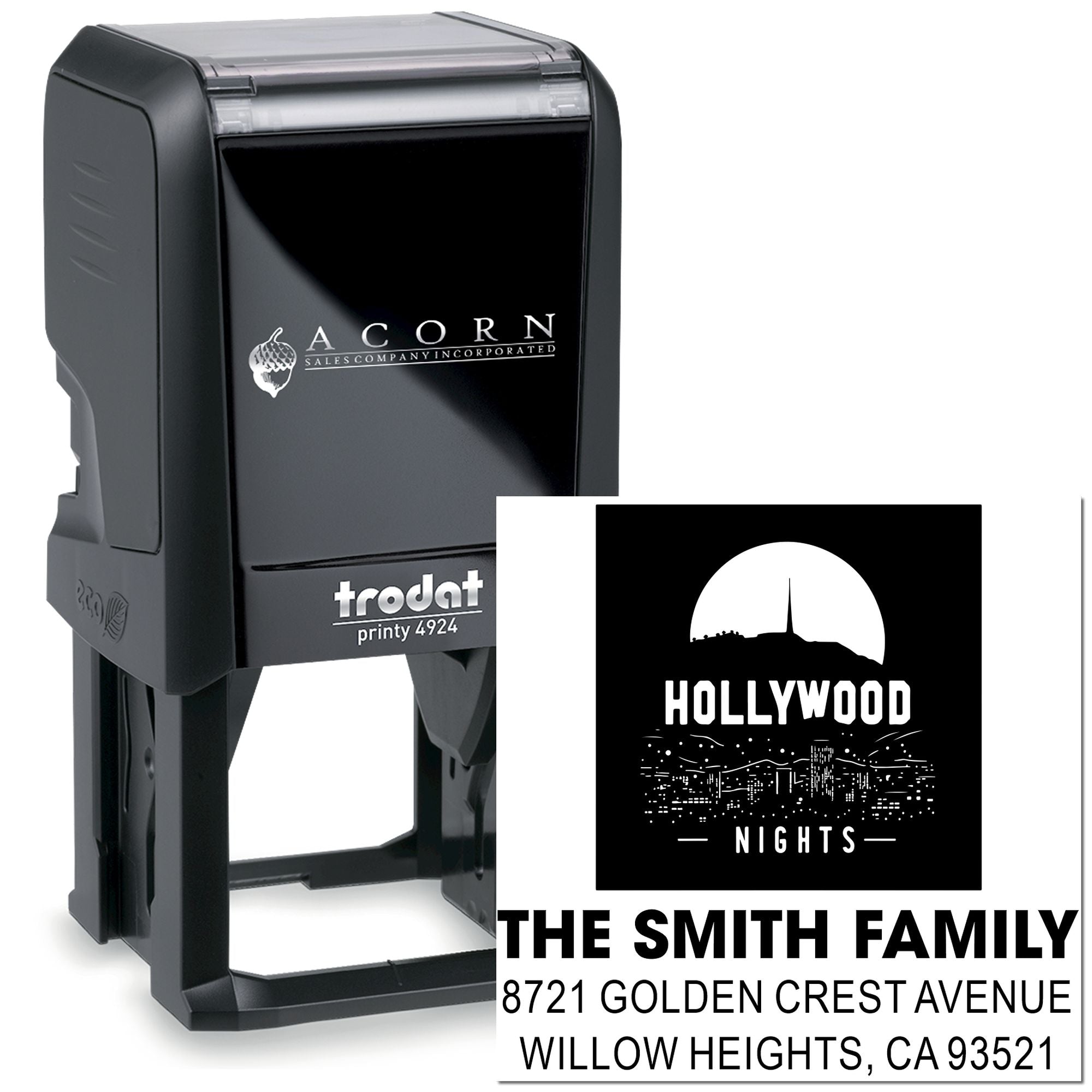 Custom self-inking rubber stamp with Hollywood Nights design and The Smith Family return address, ideal for personalized mailing.
