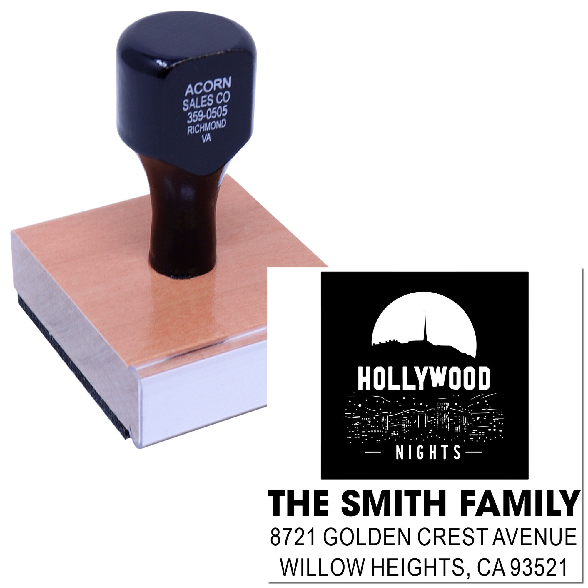 Custom address rubber stamp with Hollywood Nights design for The Smith Family, name and mailing address imprint.