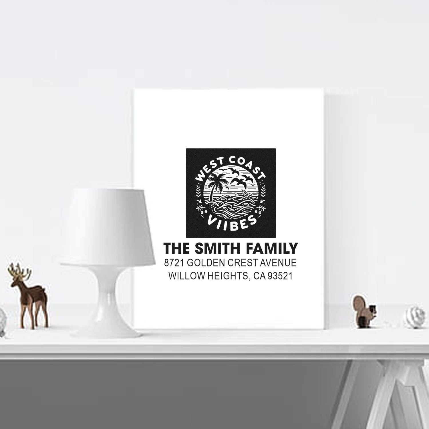 West Coast Vibes personalized rubber address stamp with The Smith Family return address for custom stationery.