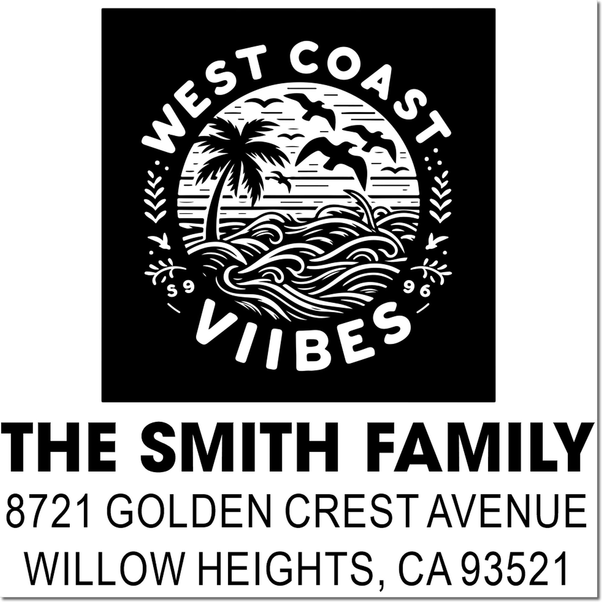 Custom West Coast Vibes return address rubber stamp with palm trees, waves, and birds for The Smith Family in Willow Heights, CA.
