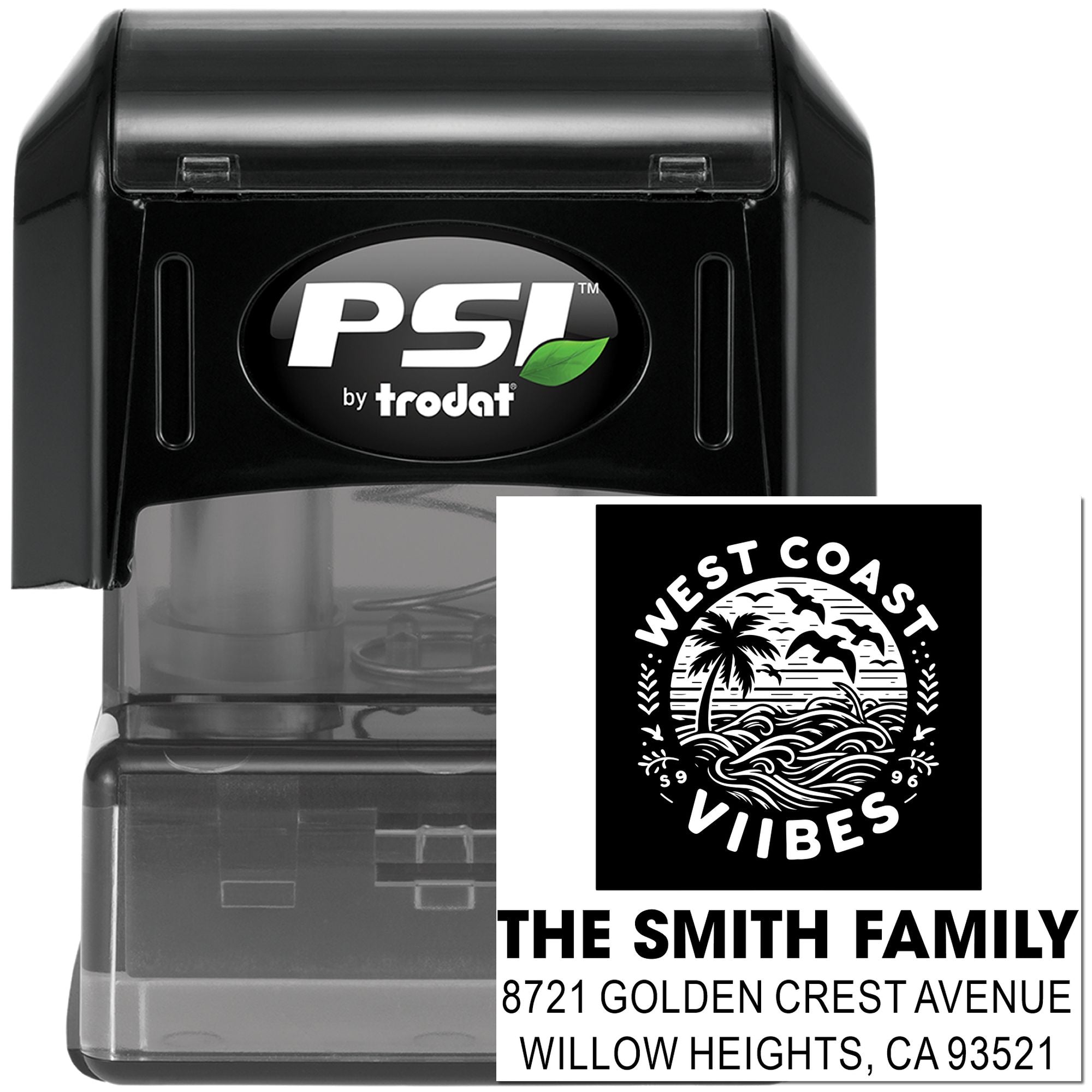 Custom PSI by Trodat self-inking rubber stamp featuring a West Coast Vibes family address imprint.