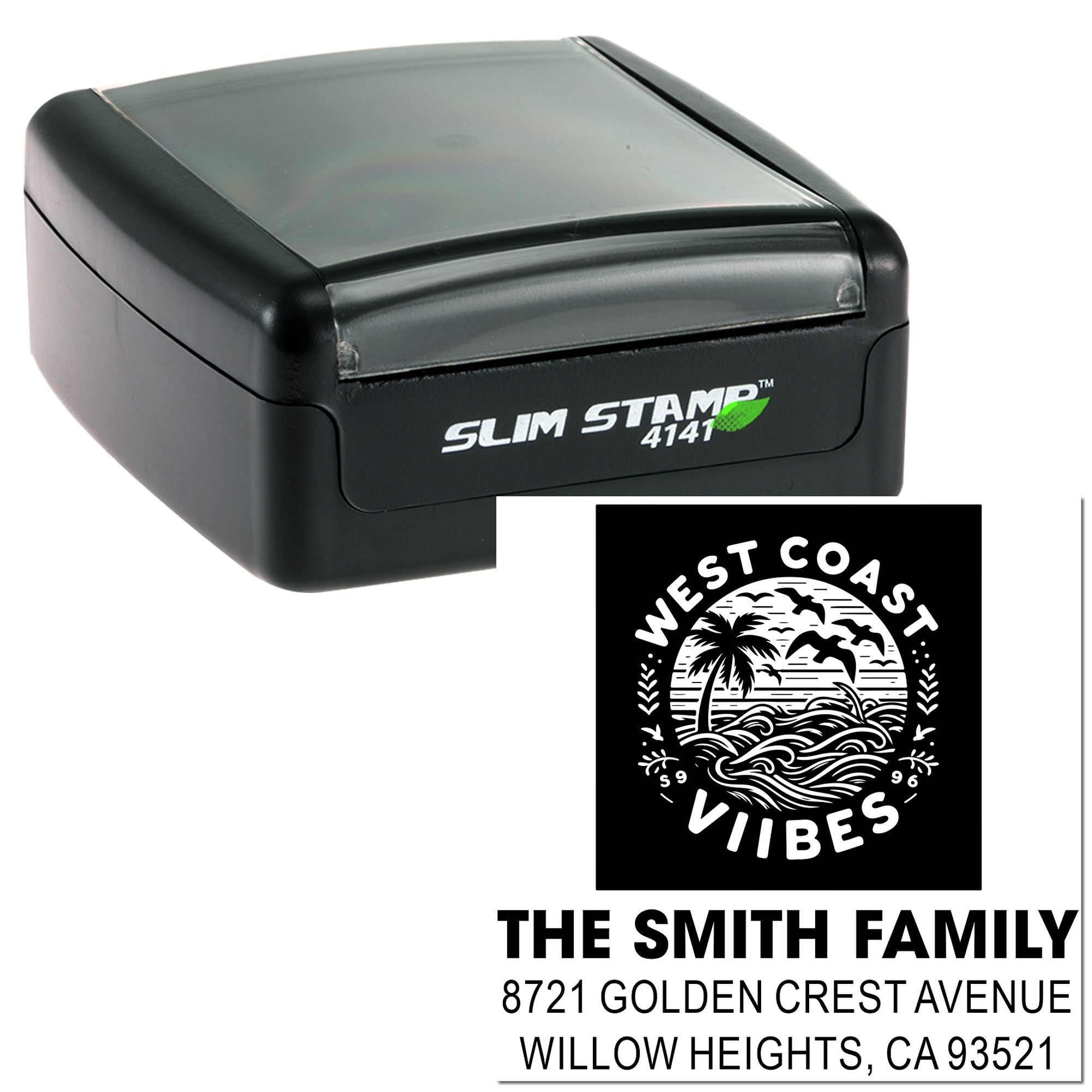 Custom self-inking rubber stamp with beach logo and Smith family return address imprint