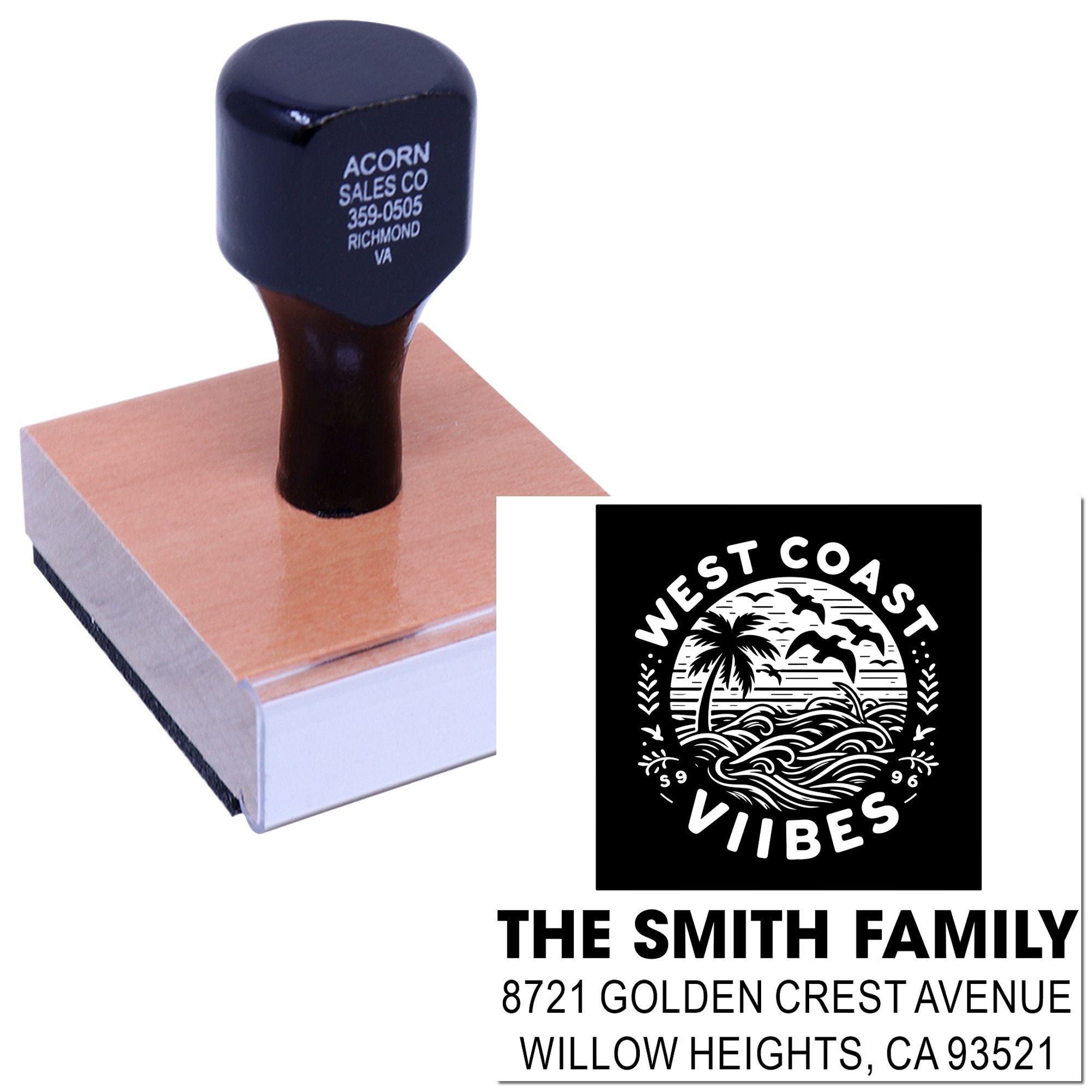 Personalized custom rubber return address stamp with West Coast Vibes design for The Smith Family.