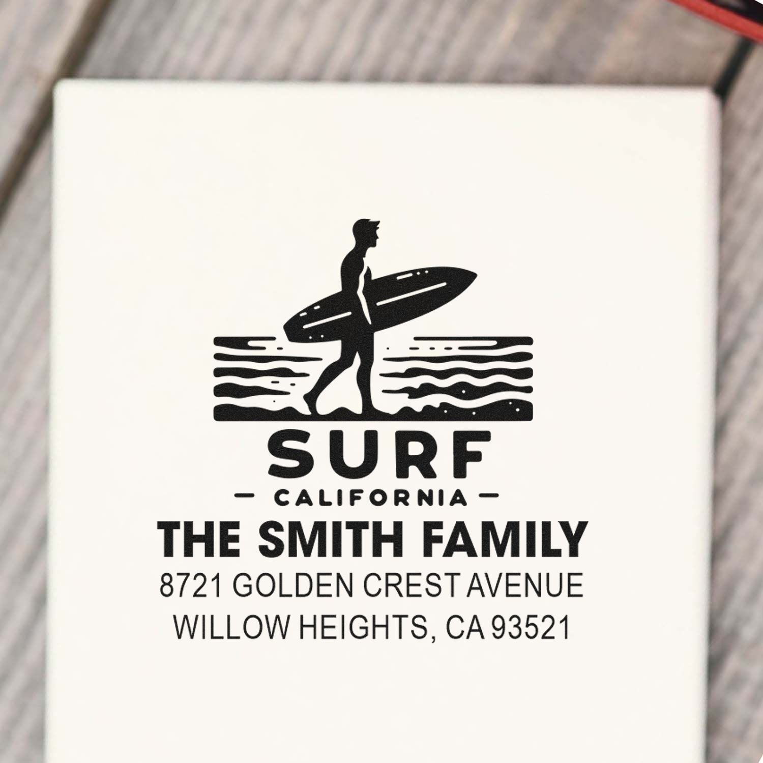 Custom surf-themed family address rubber stamp for The Smith Family in Willow Heights, California