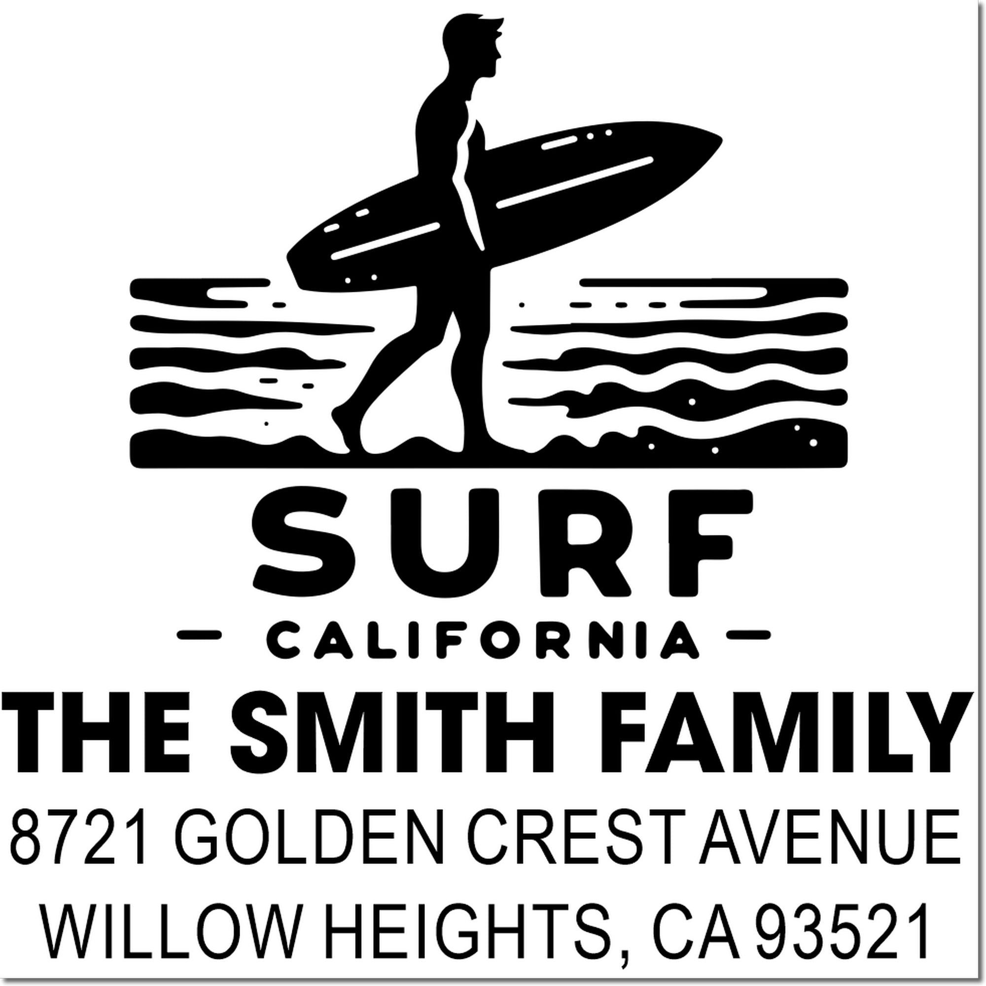 Custom Surf California family address rubber stamp for The Smith Family, 8721 Golden Crest Avenue, Willow Heights, CA 93521