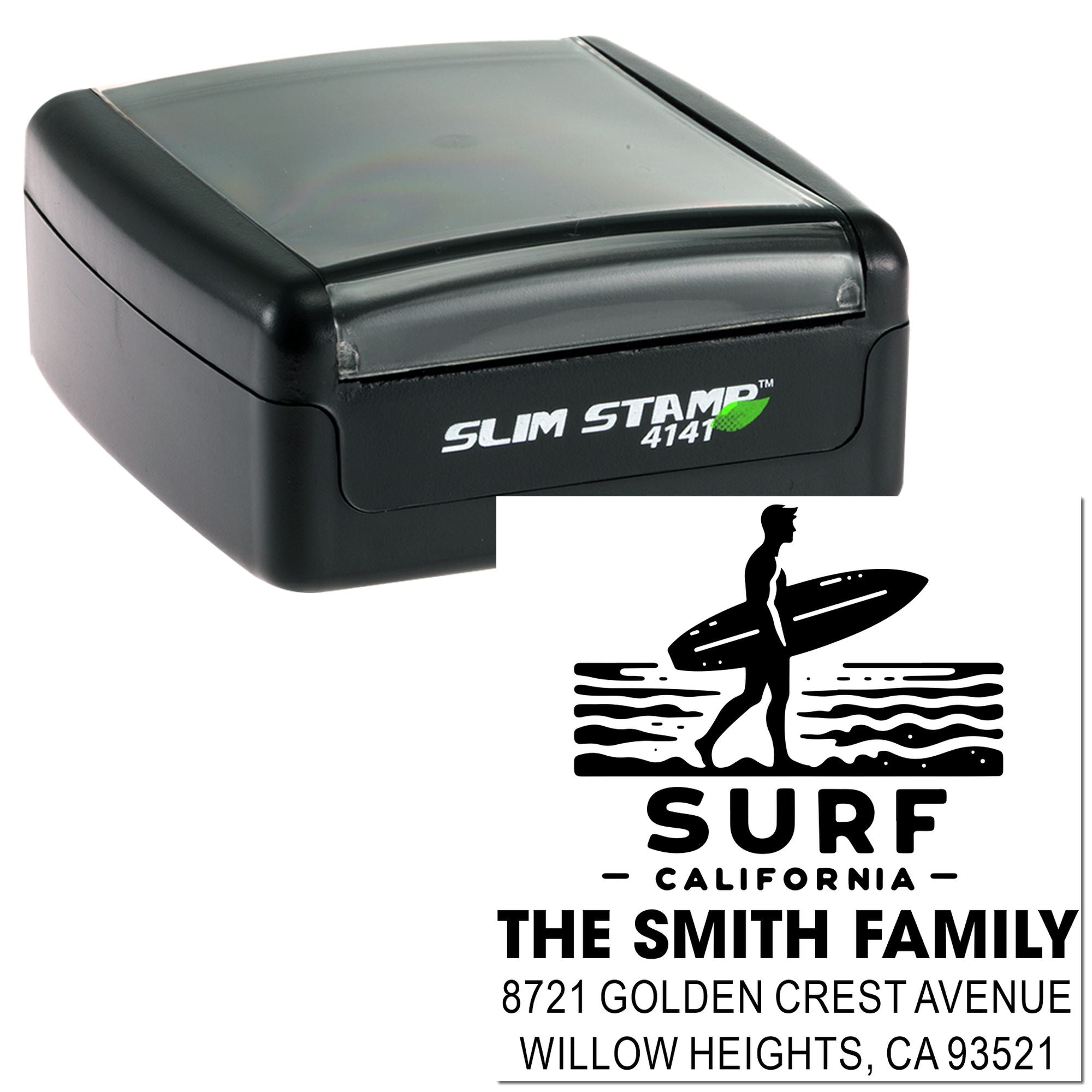 Custom surf return address rubber stamp with personalized California family name, home address, and Slim Stamp 4141 case.