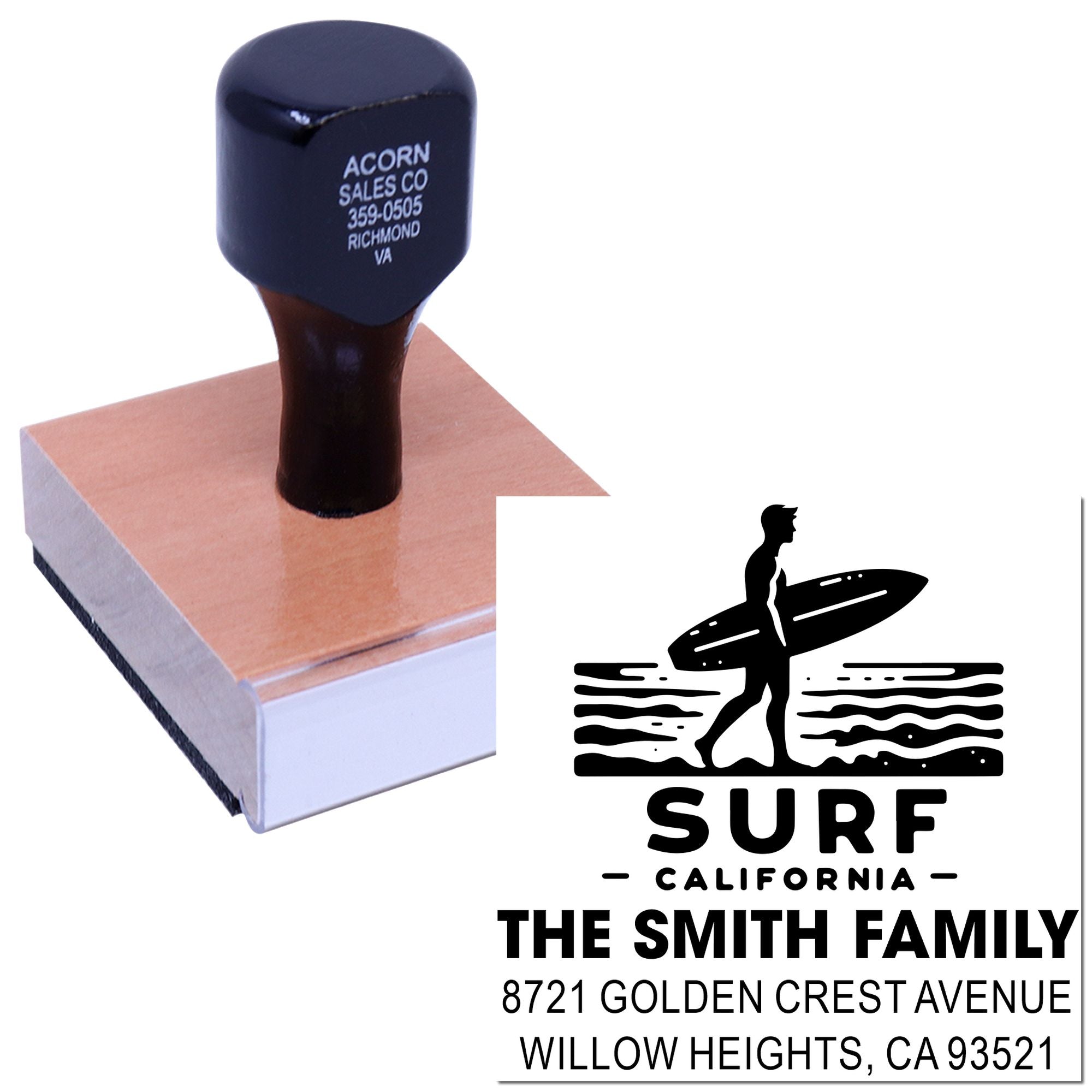 Custom surf-themed rubber address stamp for The Smith Family, Willow Heights, CA with personalized logo and return address.