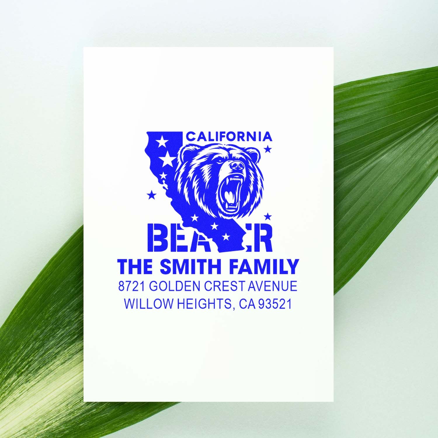 Personalized California bear address rubber stamp with Smith family name and Willow Heights, CA mailing address.