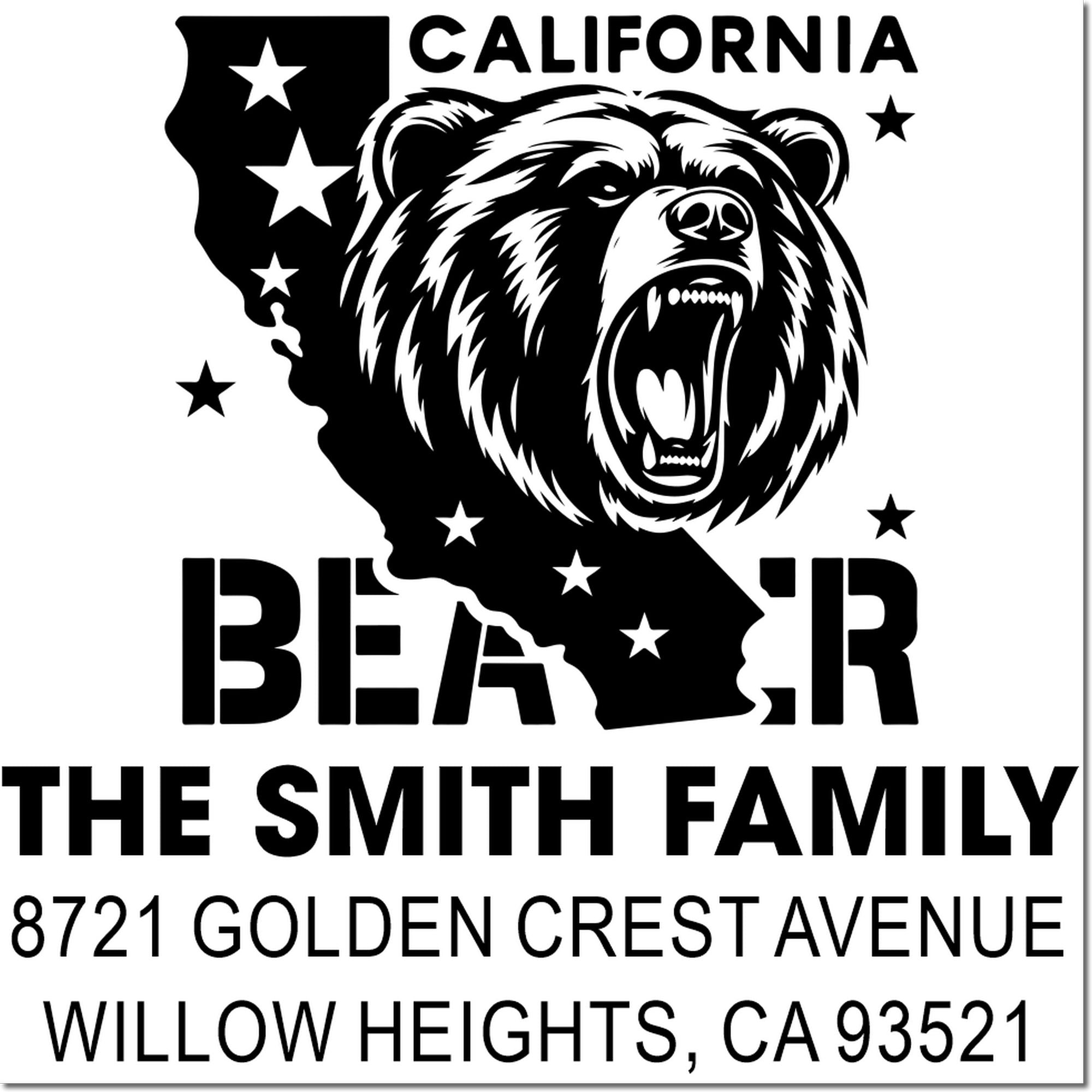 Custom California bear family address rubber stamp with state outline, name, and Willow Heights, CA address.