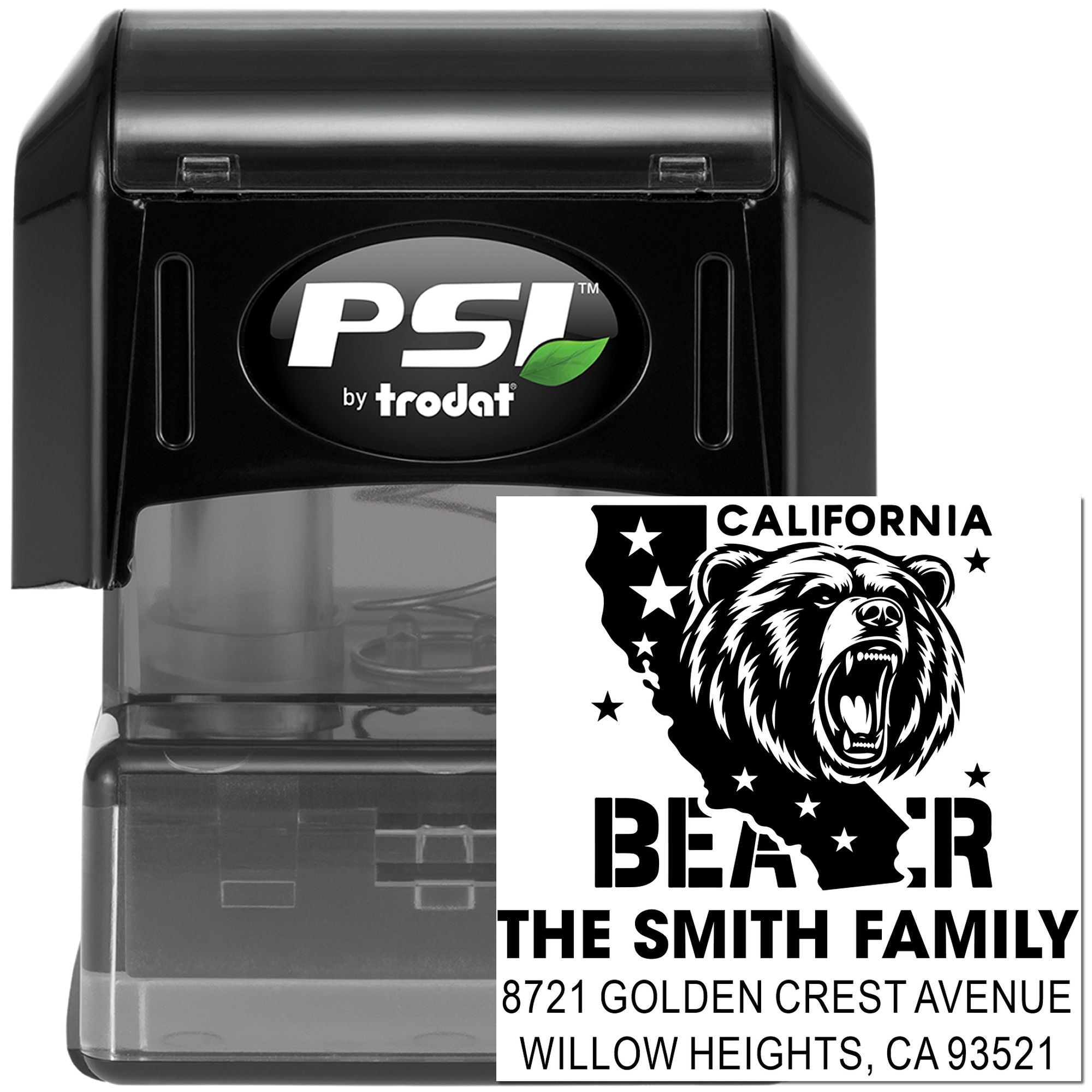 PSI by Trodat self-inking custom address rubber stamp with California bear family design for mailing